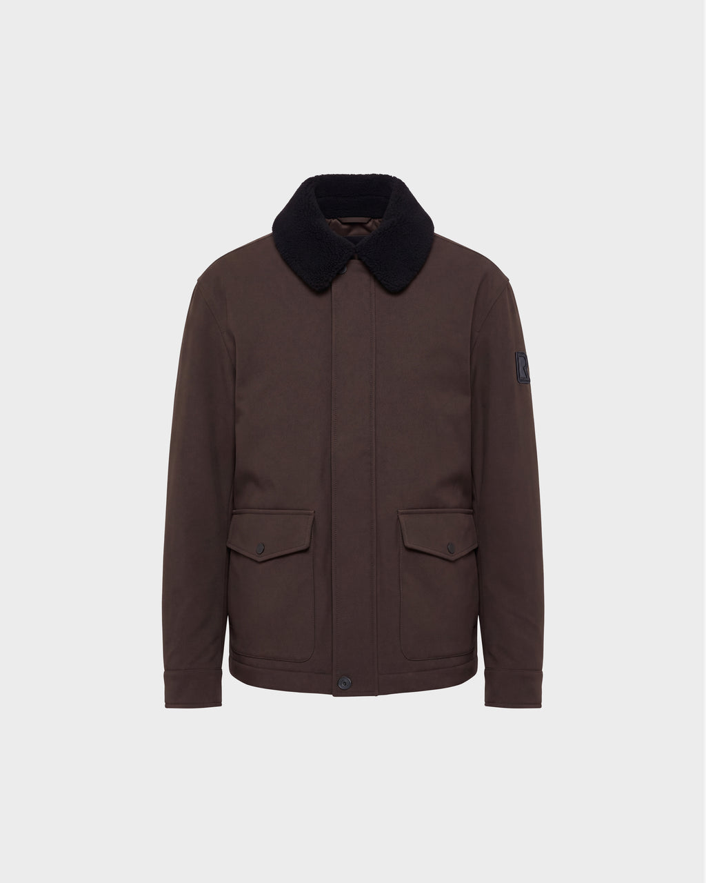 Rudsak ANTOINE - 6126506 Olive jacket in brown with a black shearling collar, front flap pockets, and a button-up placket.