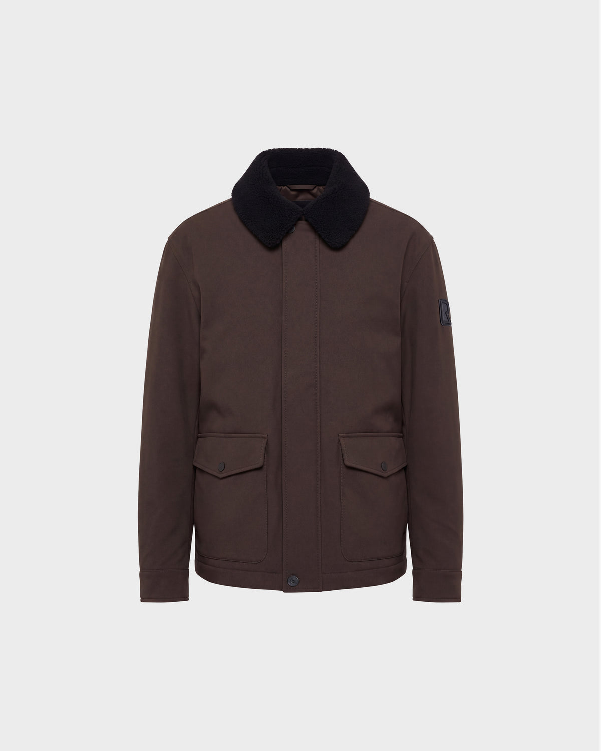 Rudsak ANTOINE - 6126506 Olive jacket in brown with a black shearling collar, front flap pockets, and a button-up placket.