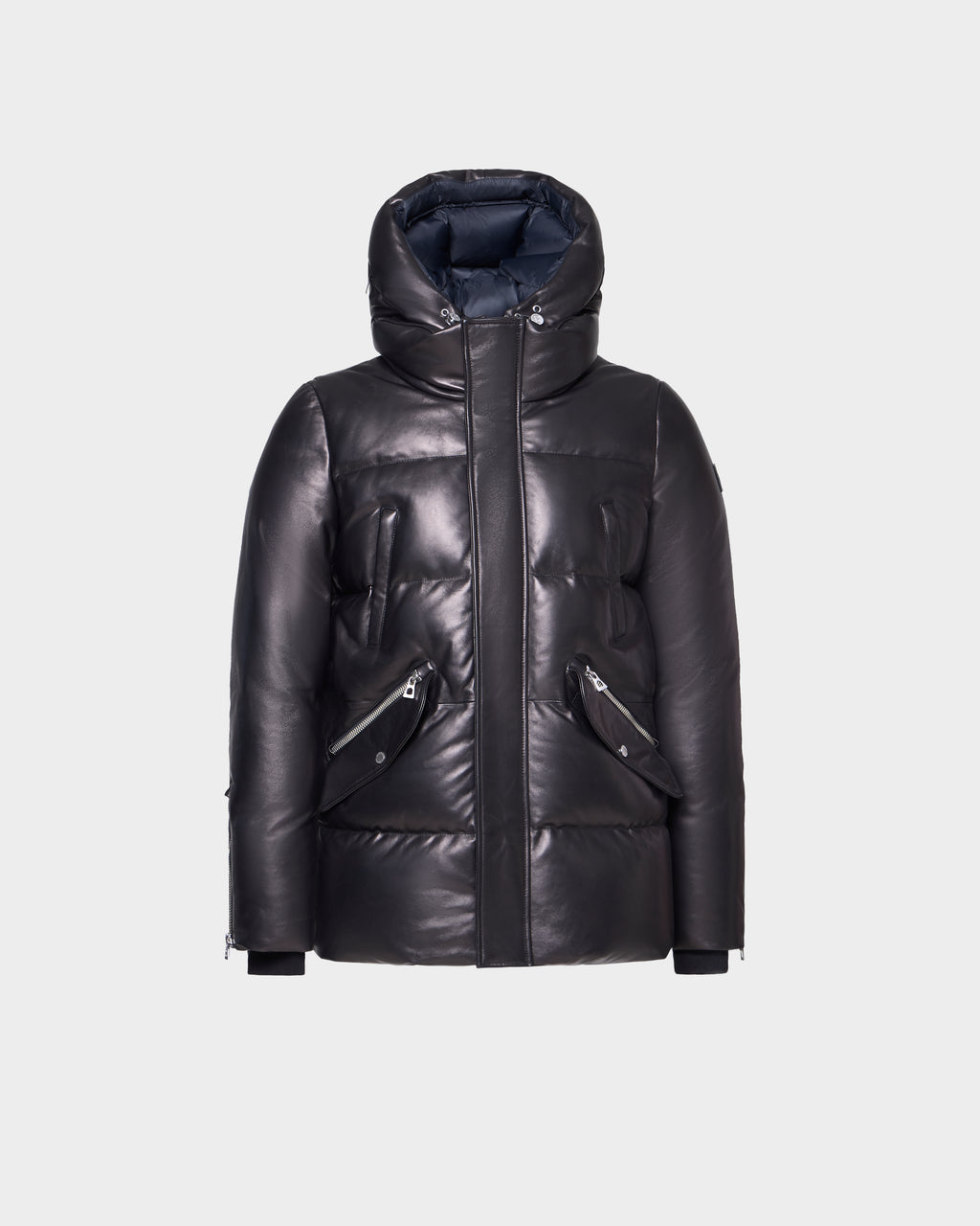 Rudsak APOLLO X - 6125696 Black men’s leather down jacket with high collar, front zipper, two angled zippered pockets, sleek quilted design, and RDS-certified down. Shown on a plain white background.