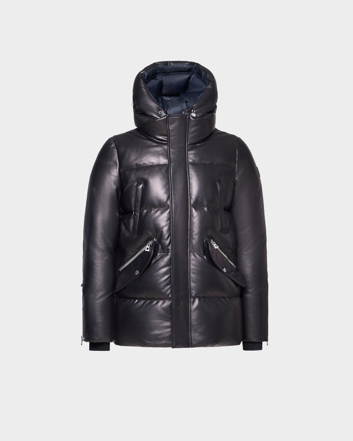 Rudsak APOLLO X - 6125696 Black men’s leather down jacket with high collar, front zipper, two angled zippered pockets, sleek quilted design, and RDS-certified down. Shown on a plain white background.