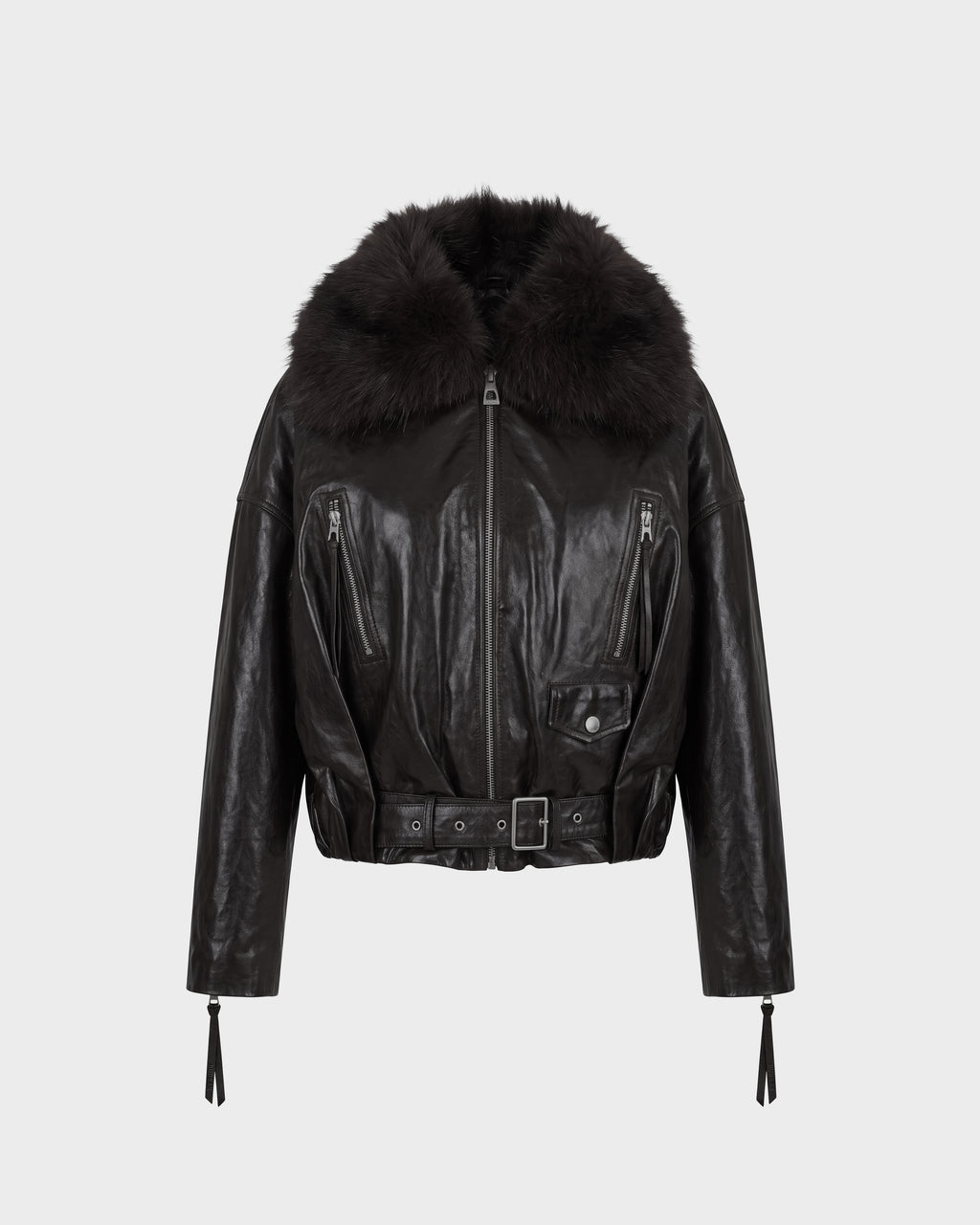 The Rudsak AVITA - 8126938 Black leather jacket features a wide, fluffy faux fur collar, a belted waist, zipper and button details, and zippered sleeves, shown against a plain white background.