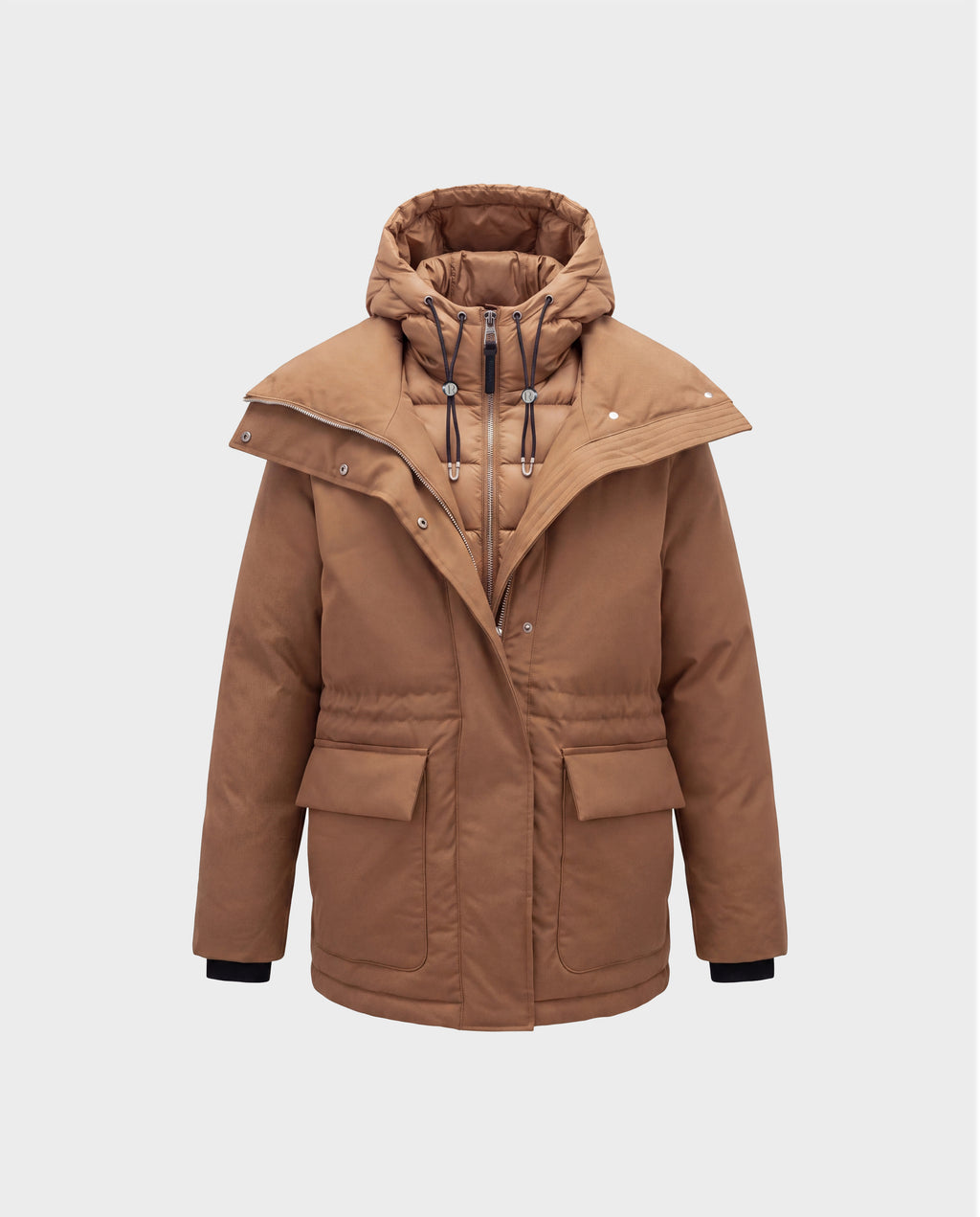 BHIMA - 8126515 Camel hooded parka in camel, featuring an inner quilted layer, wide lapels, and two front flap pockets.