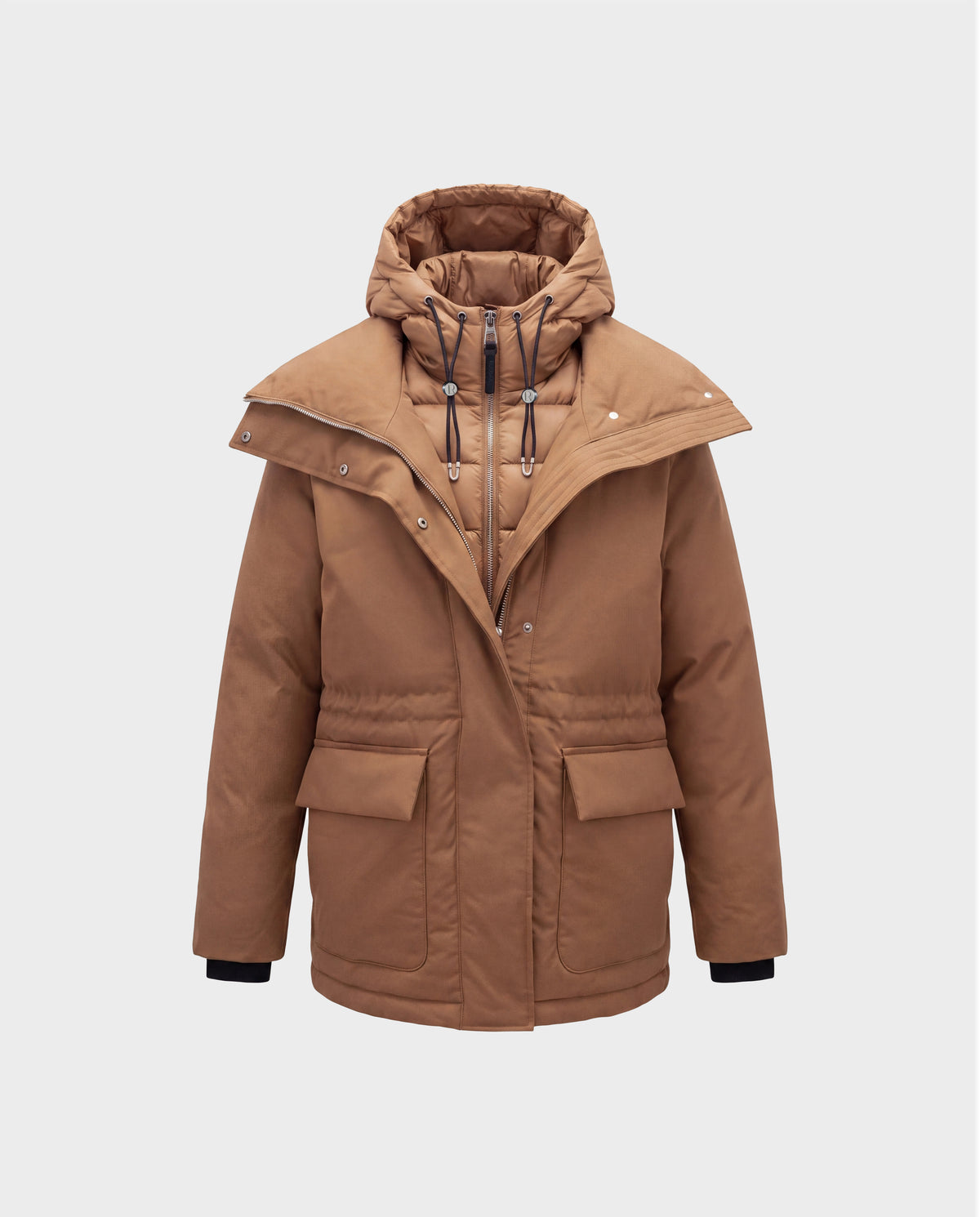 BHIMA - 8126515 Camel hooded parka in camel, featuring an inner quilted layer, wide lapels, and two front flap pockets.