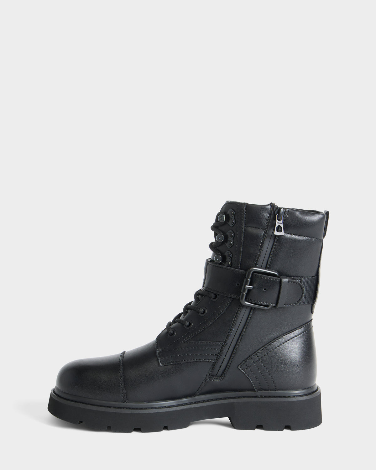 Rudsak BLITZ - M223500 Black leather lace-up combat boot with a side zipper and a military-inspired buckle strap across the ankle.