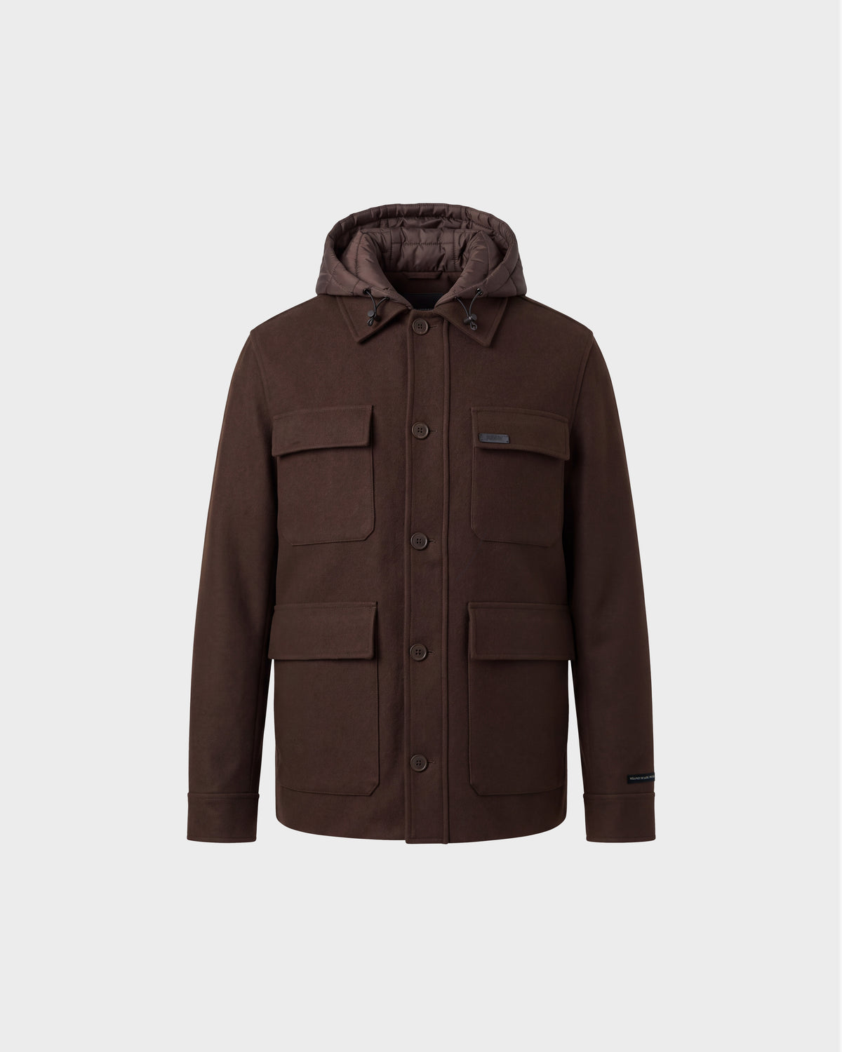 BRUNO - 6126716 Espresso dark brown button-up jacket with a quilted hooded collar and four front flap pockets.