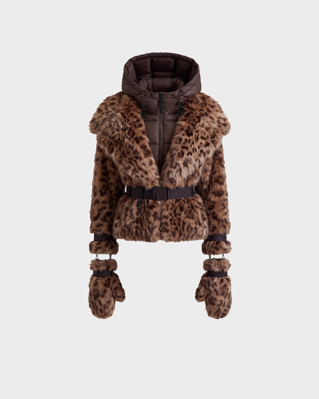 Rudsak CHLOE - 8125619 Leopard faux fur jacket featuring a brown puffer hood, waist belt, and matching mittens attached to the cuffs.