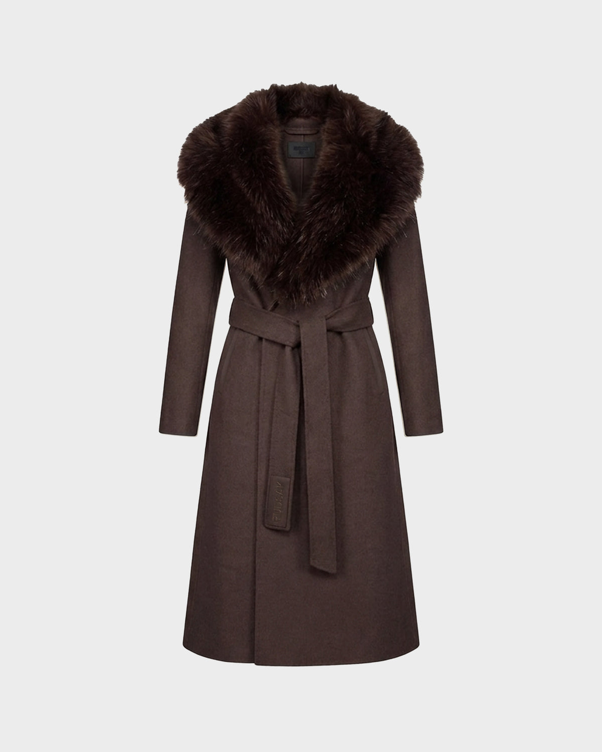 The CINDY - 8126526 Heather Cacao by Rudsak is a long brown wool coat featuring a wide faux fur collar and a matching belt tied at the waist, crafted from a luxurious cashmere blend, displayed on a plain light background.