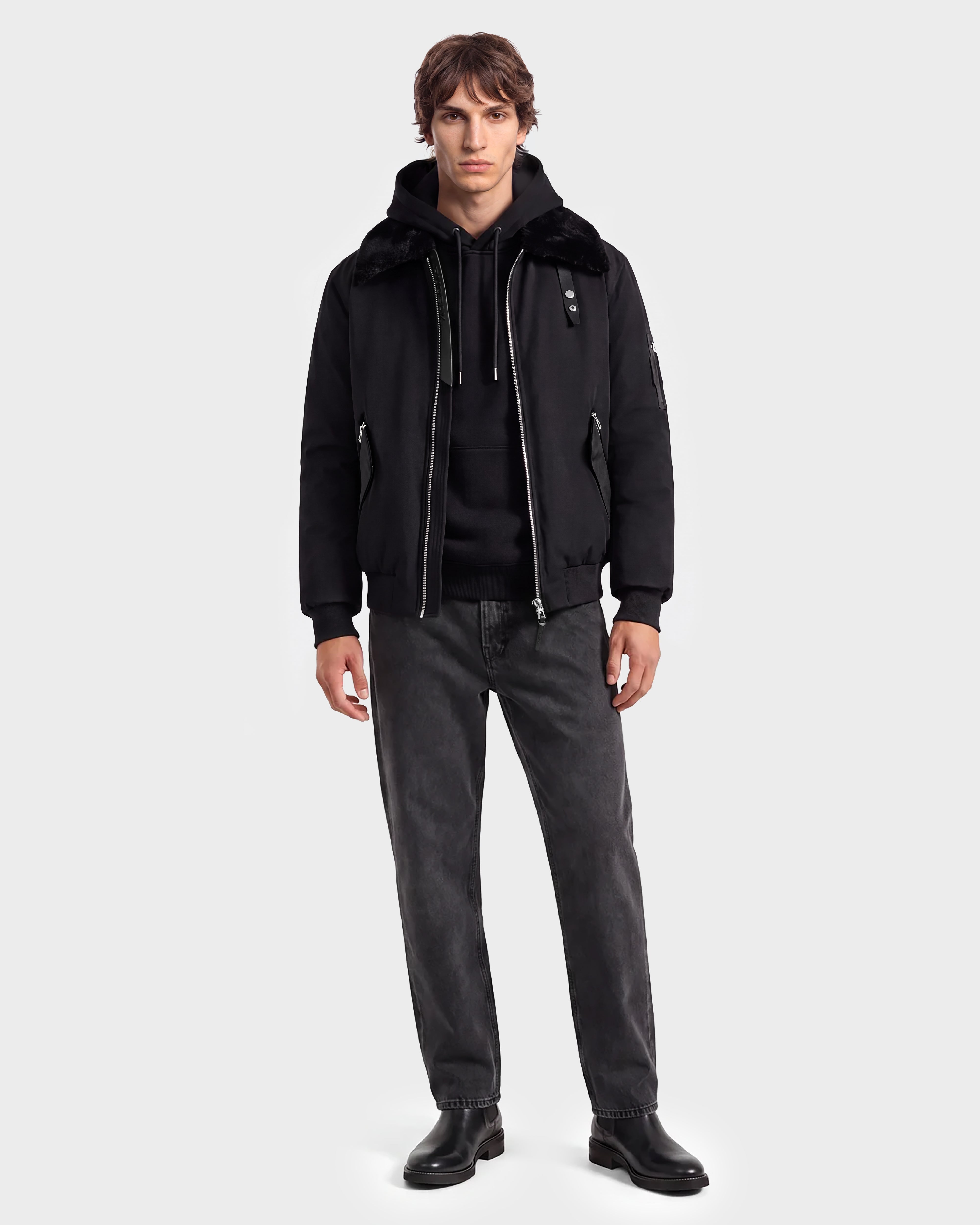 RUDSAK DYLAN Men's Black Aviator Bomber Jacket | Faux Fur Trim