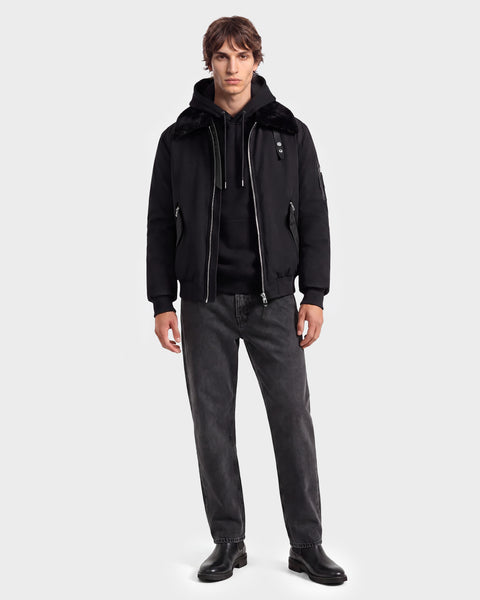 RUDSAK DYLAN Men's Black Aviator Bomber Jacket | Faux Fur Trim