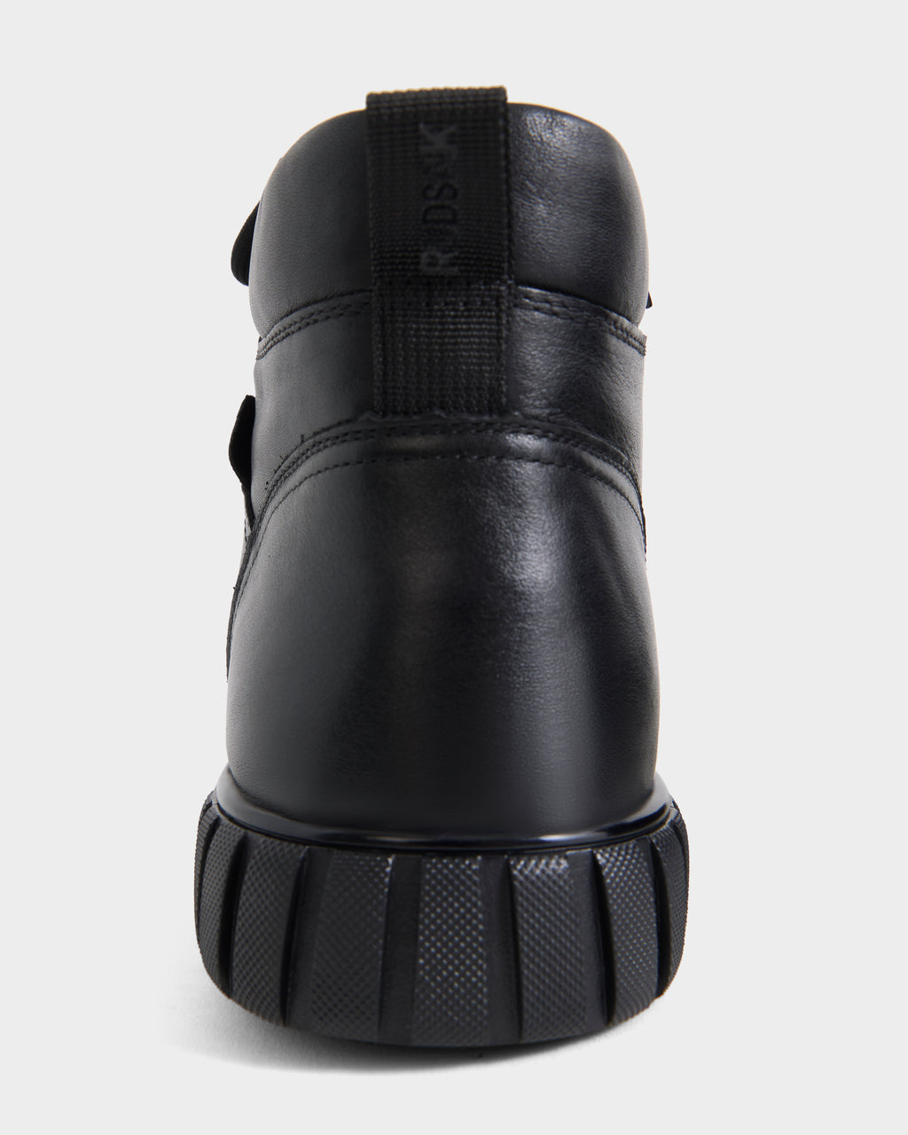 Back view of black DAVE - 6226501 Black high-top lace-up boots featuring a thick, textured rubber sole.
