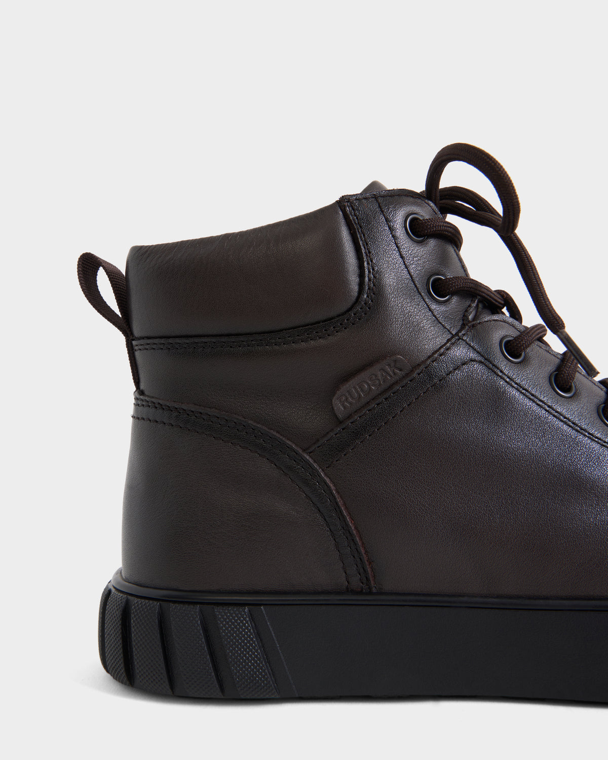 Rudsak DAVE - 6226501 Espresso dark brown leather high-top boots with a black rubber sole and brown laces.