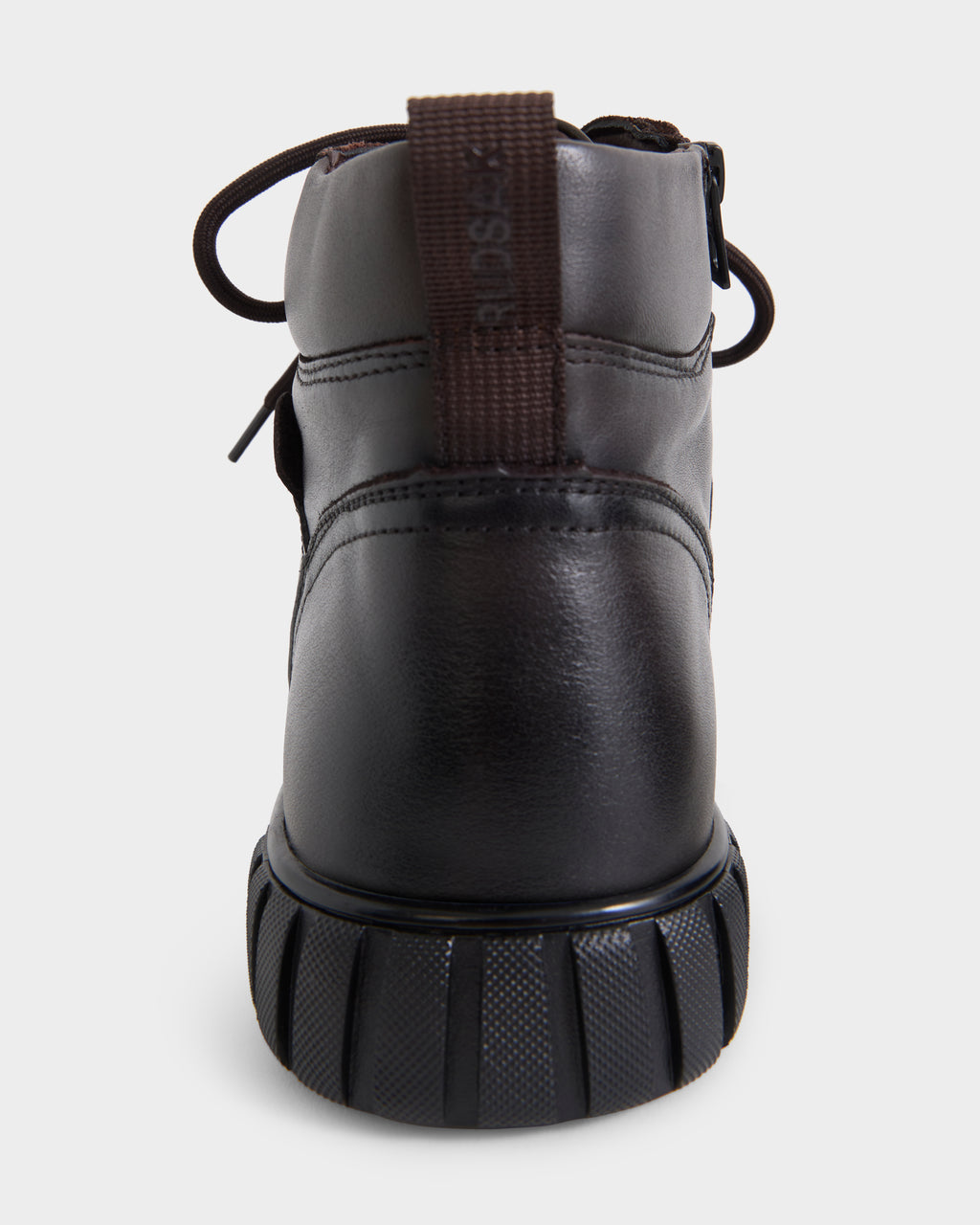 Back view of DAVE - 6226501 Espresso men’s dark brown high-top lace-up boots with a thick, treaded rubber sole and a brown pull tab at the heel.