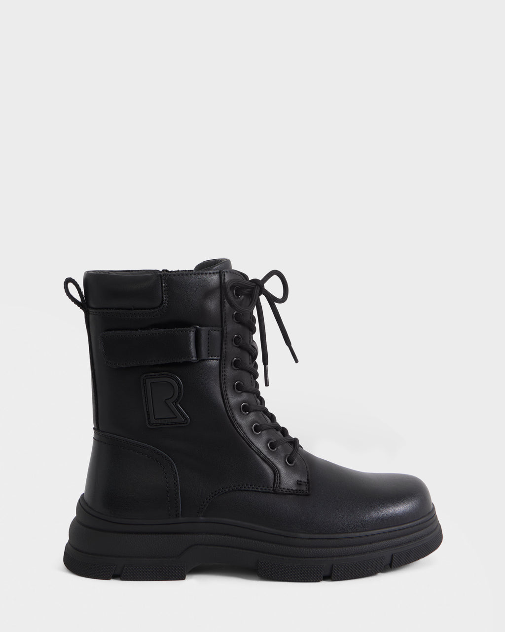 The DEREK - 6226506 Black by Rudsak is a black lace-up combat boot with a thick sole, side zipper, and embossed R logo on the side, displayed on a plain white background.