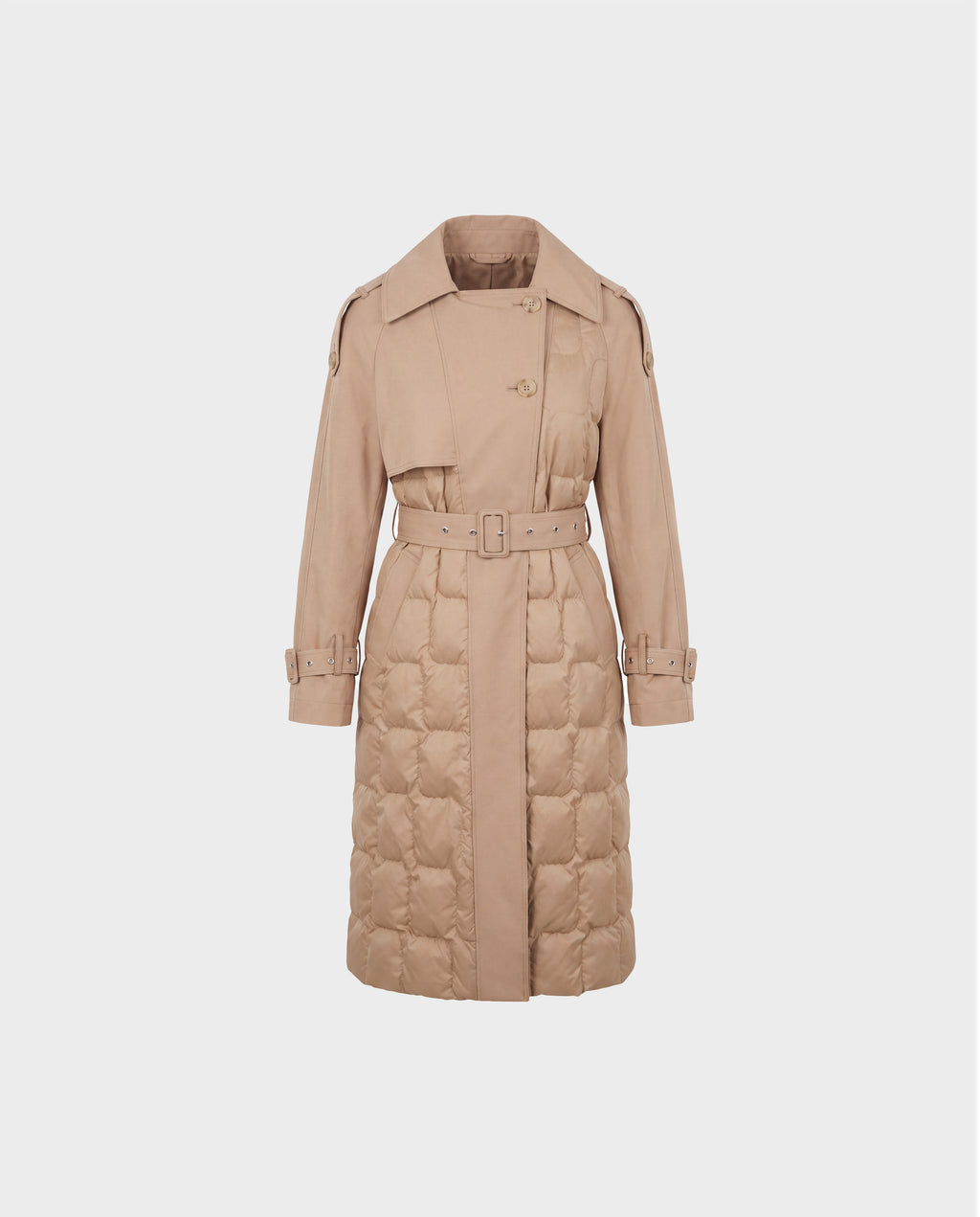 The ELVIE - 8126512 Almond by Rudsak is a beige trench coat featuring quilted front panels, a belted waist, button closure, and buckle details on the cuffs. Down-filled for extra warmth and comfort, this stylish coat also includes a removable hood. It is shown against a plain white background.