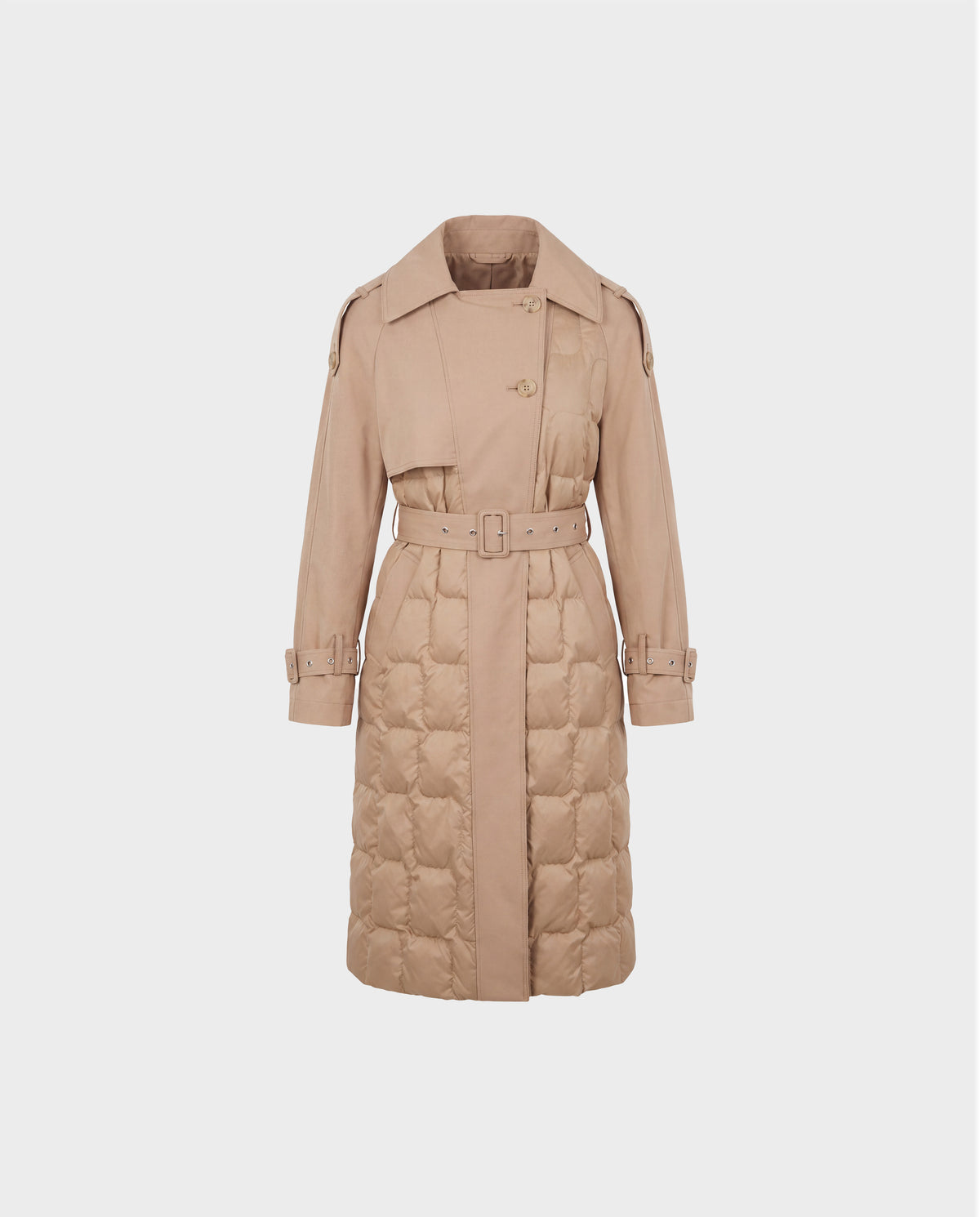 The ELVIE - 8126512 Almond by Rudsak is a beige trench coat featuring quilted front panels, a belted waist, button closure, and buckle details on the cuffs. Down-filled for extra warmth and comfort, this stylish coat also includes a removable hood. It is shown against a plain white background.