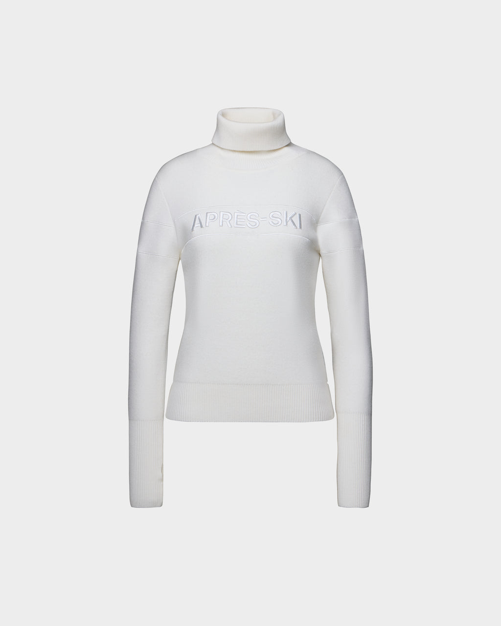 White Rudsak ERIKA - 8525705 Iceland long-sleeve turtleneck sweater with the text APRÈS-SKI embroidered on the chest.