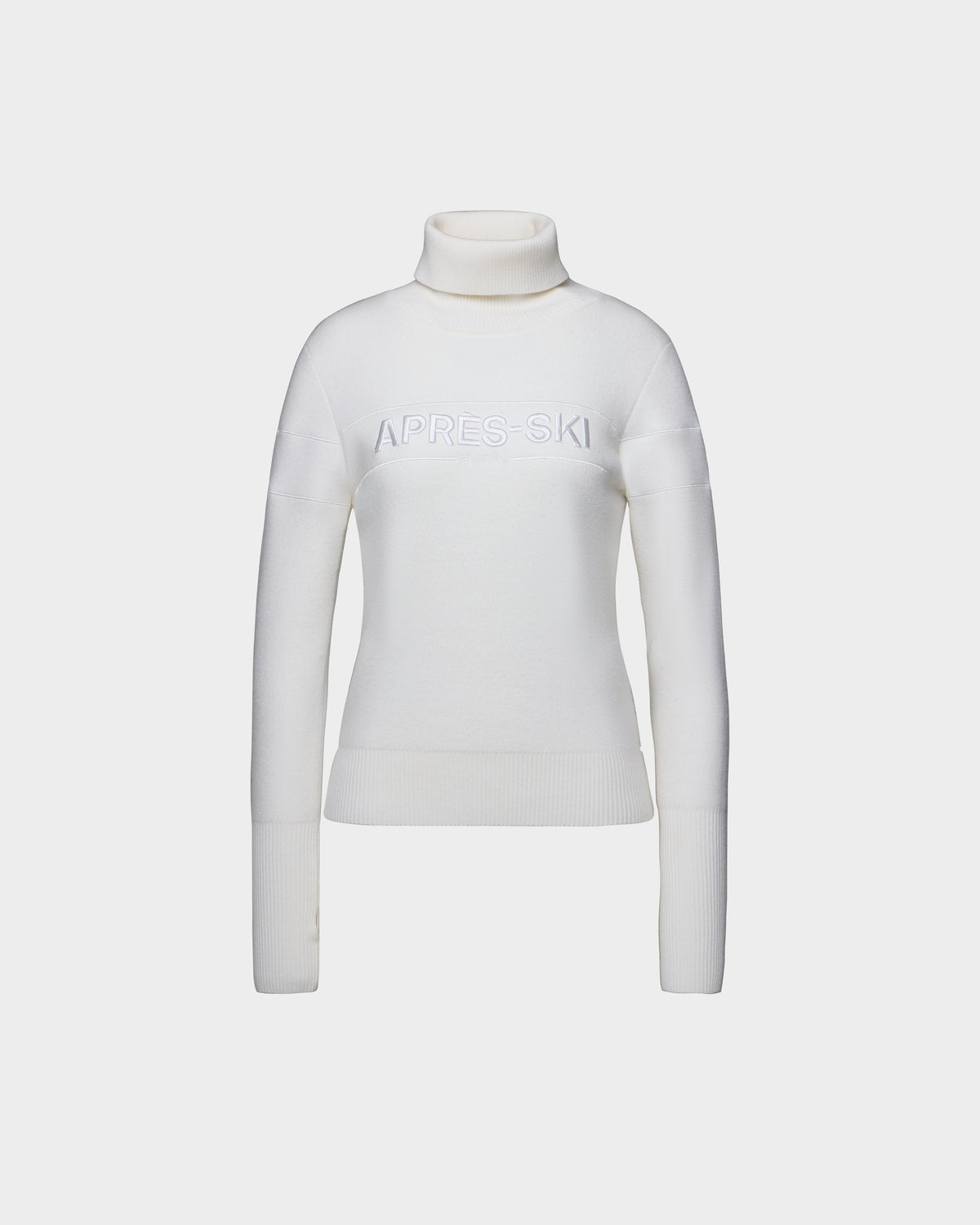 White Rudsak ERIKA - 8525705 Iceland long-sleeve turtleneck sweater with the text APRÈS-SKI embroidered on the chest.