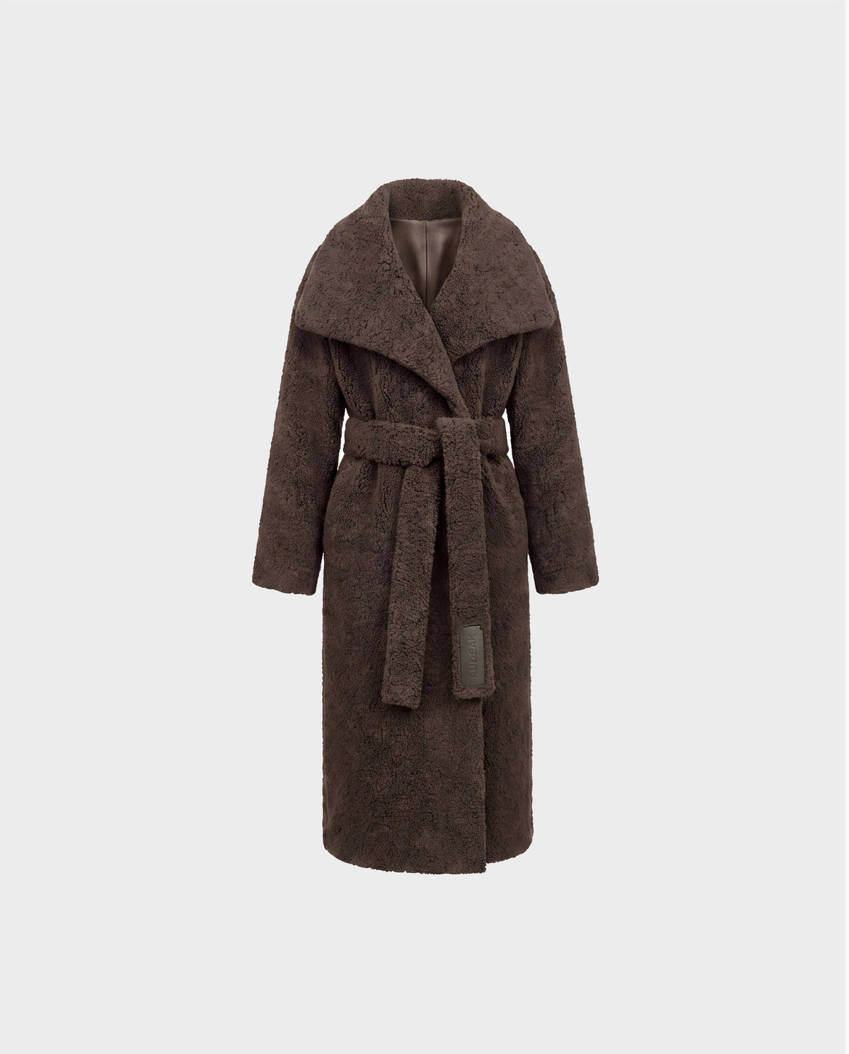 An expertly crafted long, olive green textured faux fur coat by Rudsak—FRANCIE (8126873)—features a wide collar, self-tie waist belt, and two side pockets that evoke the cozy warmth of faux shearling, displayed on a plain light gray background.