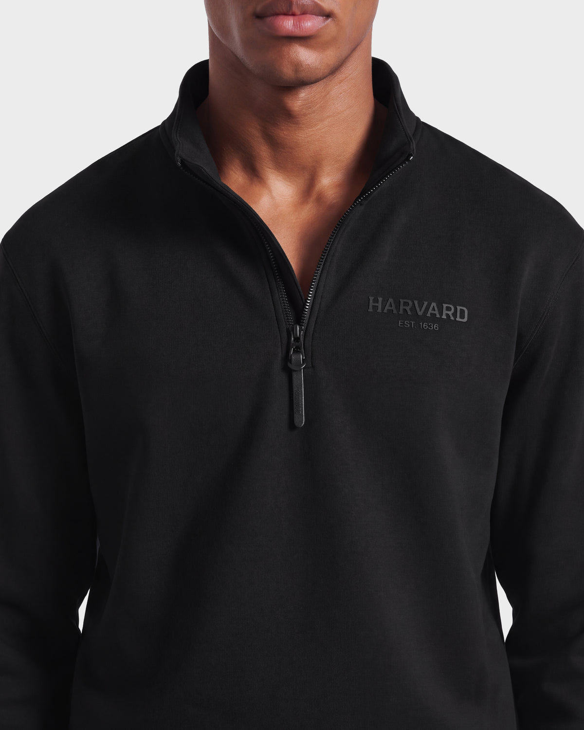 A person wearing the Rudsak FREMONT HV - H525501 Black, a limited-edition unisex pullover embroidered with HARVARD EST. 1636 on the left chest. The exclusive Harvard THE COOP apparel is shown in a photo cropped at the shoulders, so the person’s eyes or forehead are not visible.
