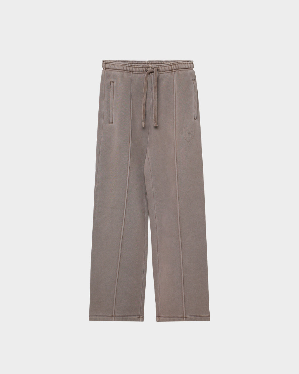 GAELLE HV - H526902 Taupe heavyweight jersey joggers featuring a wide-leg fit, drawstring waist, side pockets, and a centered seam down each leg.