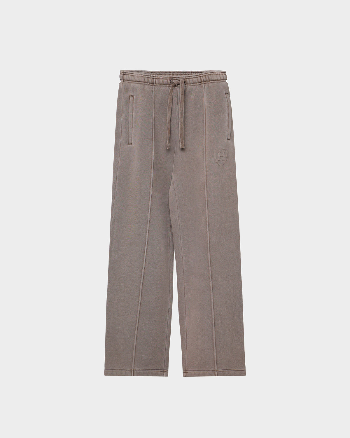 GAELLE HV - H526902 Taupe heavyweight jersey joggers featuring a wide-leg fit, drawstring waist, side pockets, and a centered seam down each leg.