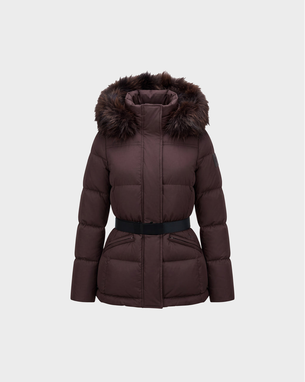 Rudsak GRACE FF - 8126535 Espresso dark brown puffer jacket with a fur-trimmed hood and a black waist belt.