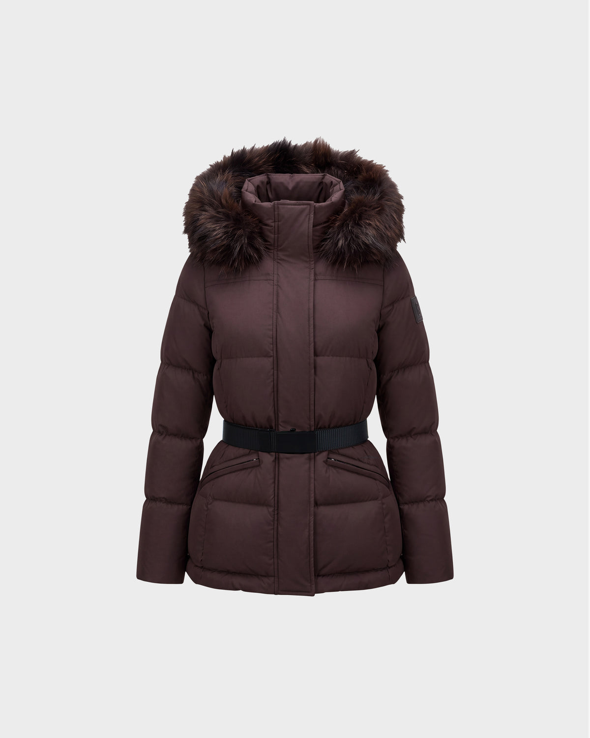 Rudsak GRACE FF - 8126535 Espresso dark brown puffer jacket with a fur-trimmed hood and a black waist belt.