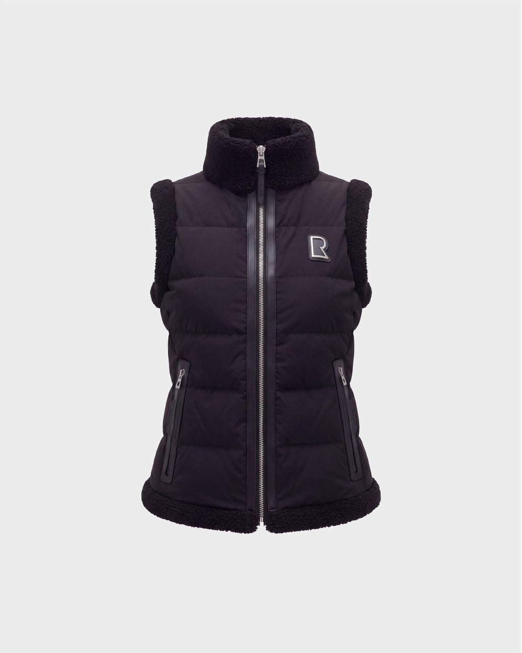 Black quilted HALI - 8126771 puffer vest by Rudsak, featuring down insulation, a high collar with faux shearling trim, front zip closure, and a logo patch on the chest.
