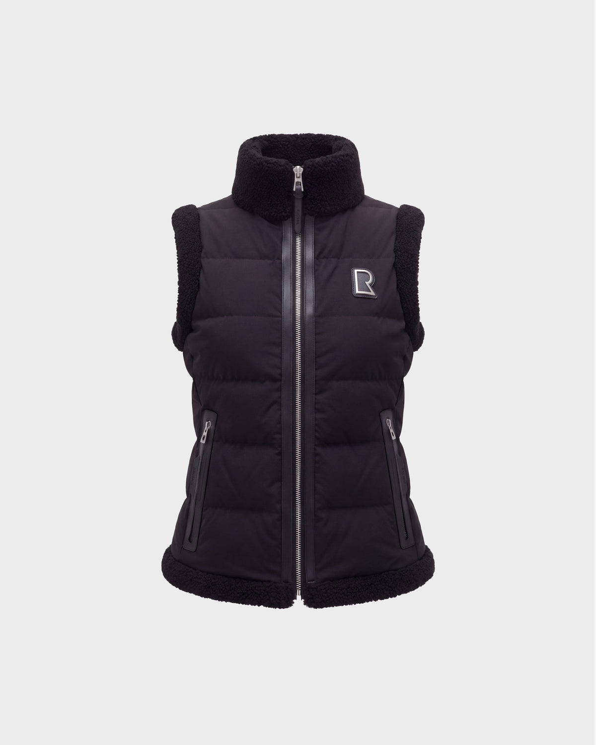 Black quilted HALI - 8126771 puffer vest by Rudsak, featuring down insulation, a high collar with faux shearling trim, front zip closure, and a logo patch on the chest.