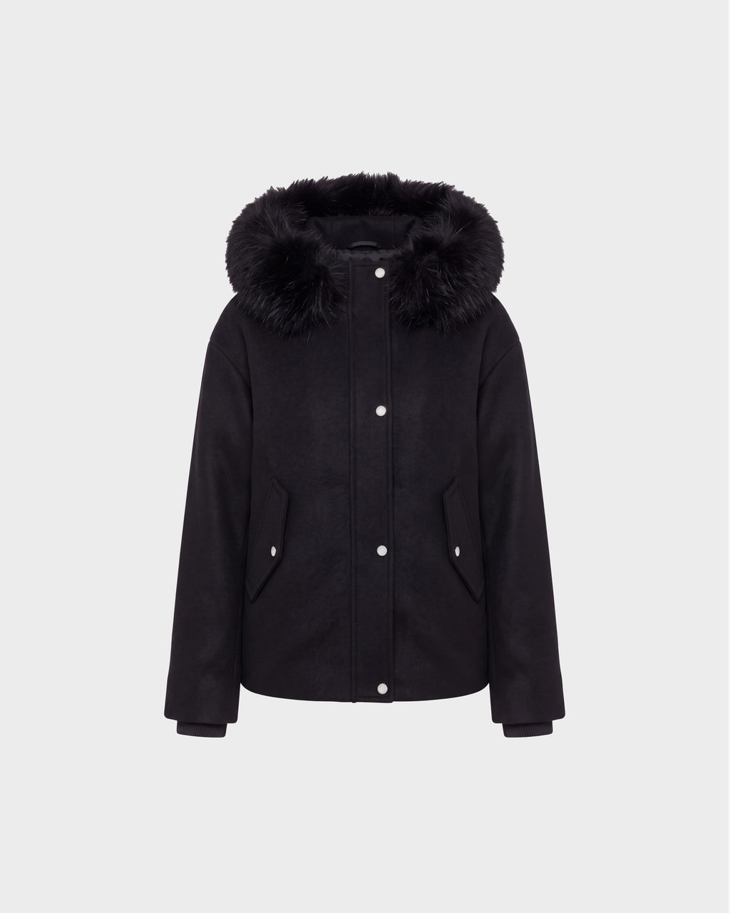 Rudsak HAZEL - 8126981 Black hooded jacket with a faux fur trim and front snap-button closure.