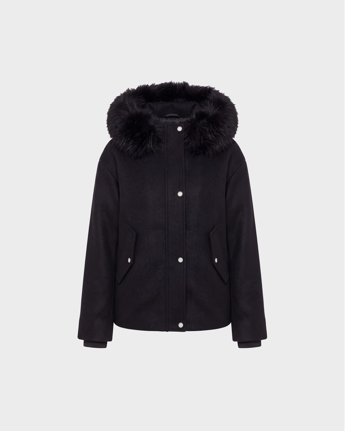 Rudsak HAZEL - 8126981 Black hooded jacket with a faux fur trim and front snap-button closure.