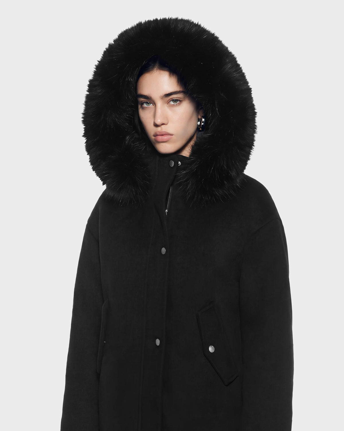 A black HAZEL - 8126981 Black wool-blend winter coat with a large, detachable faux-fur hood.