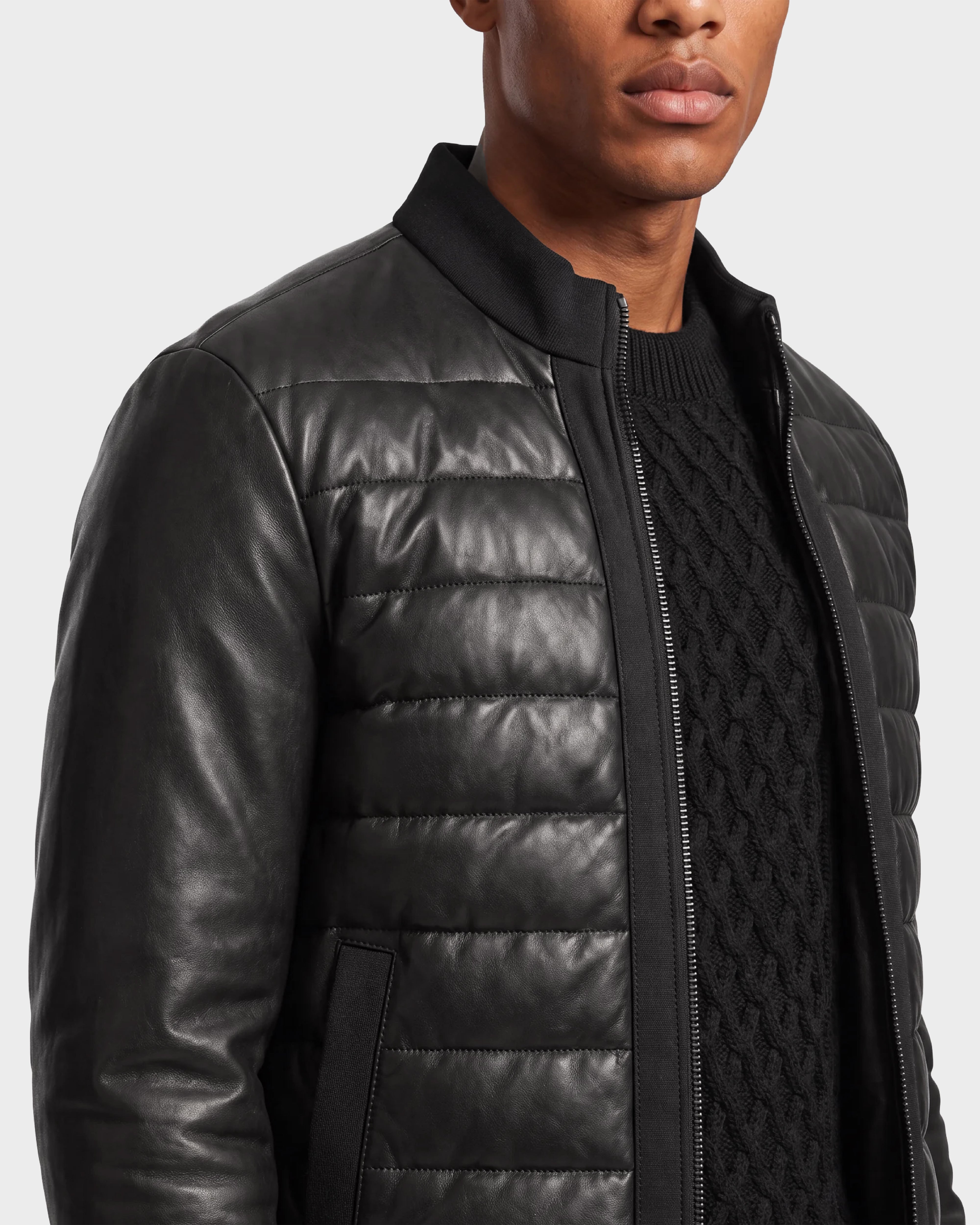 JIMMY X Black Men's Quilted Leather Down Jacket | Warmth & Style