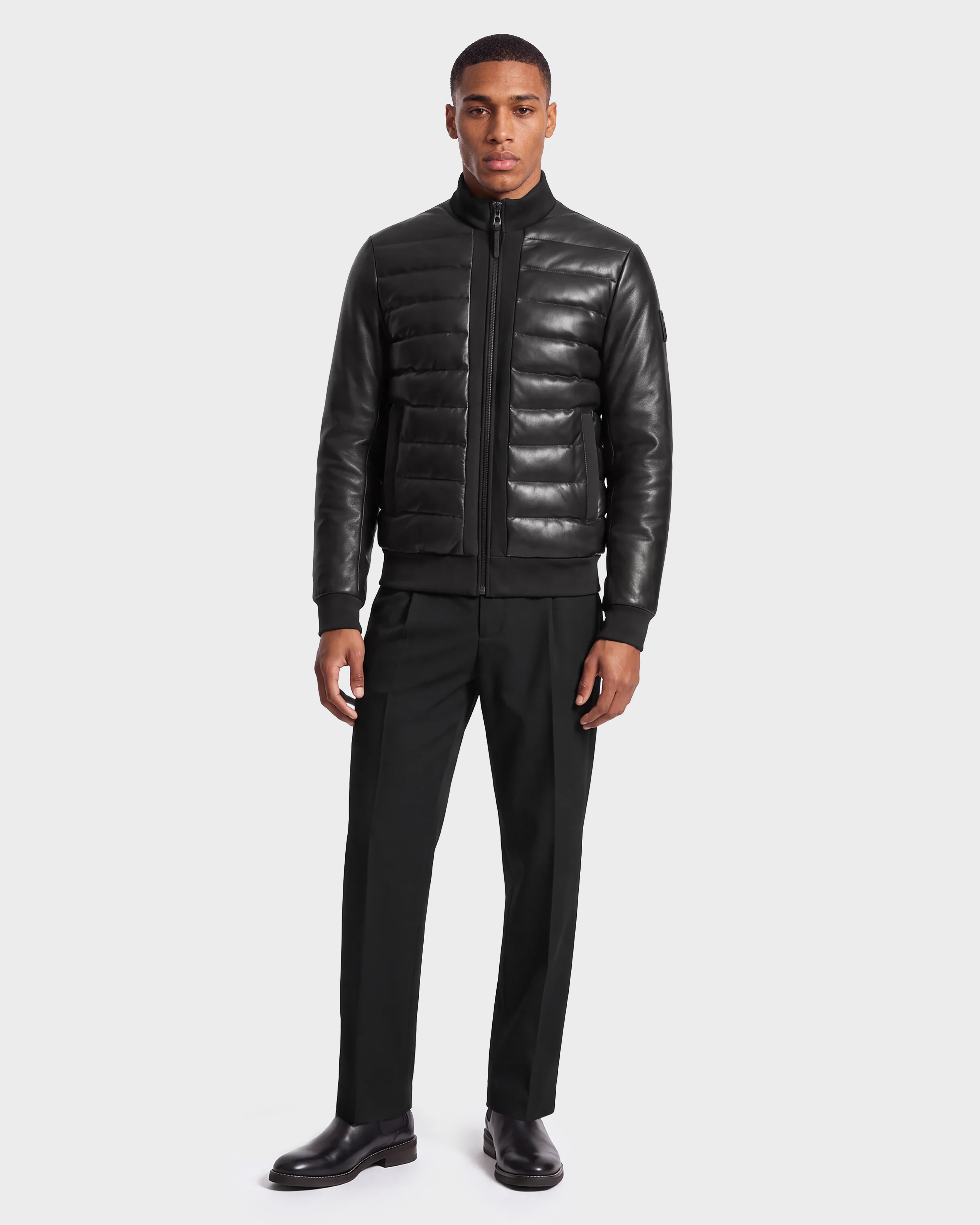 JIMMY X Black Men's Quilted Leather Down Jacket | Warmth & Style