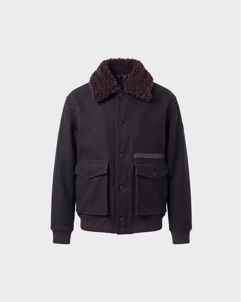 Rudsak JULIUS - 6126723 charcoal wool-blend bomber jacket with a dark brown faux-shearling collar, front button closure, and two flap pockets.