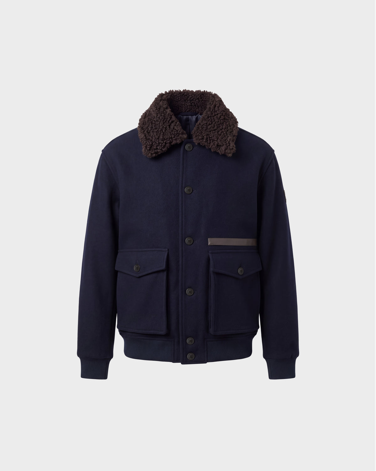 Rudsak JULIUS - 6126723 Navy wool-blend jacket with a dark brown faux-shearling collar, button-up front, and two front flap pockets.