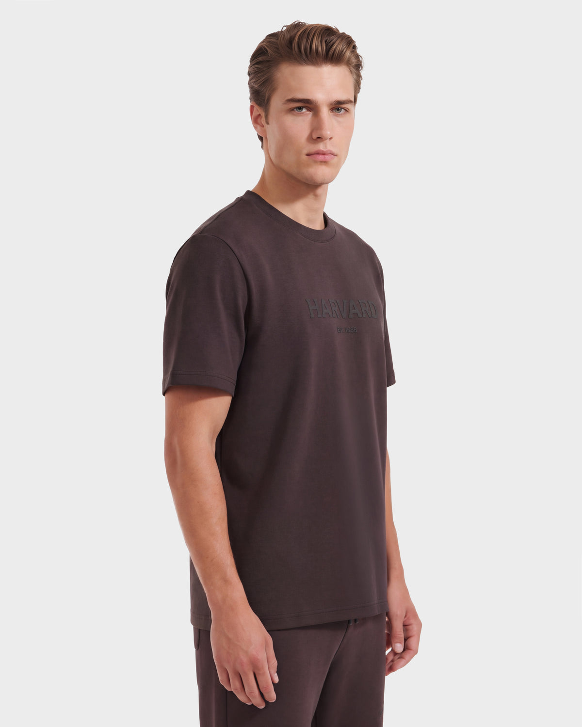 A young man with short hair wears the Rudsak KARTER R HV - H525507 Espresso limited edition T-shirt and matching pants, standing against a plain white background and looking slightly to the side with a neutral expression—a subtle nod to modern streetwear style.