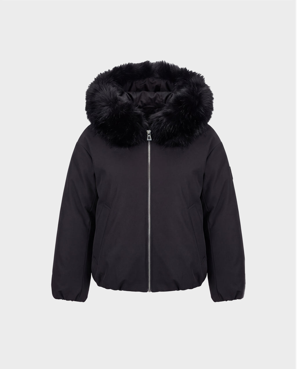 KATHLEEN - 8126764 Black zip-up puffer jacket with a faux fur-trimmed hood.