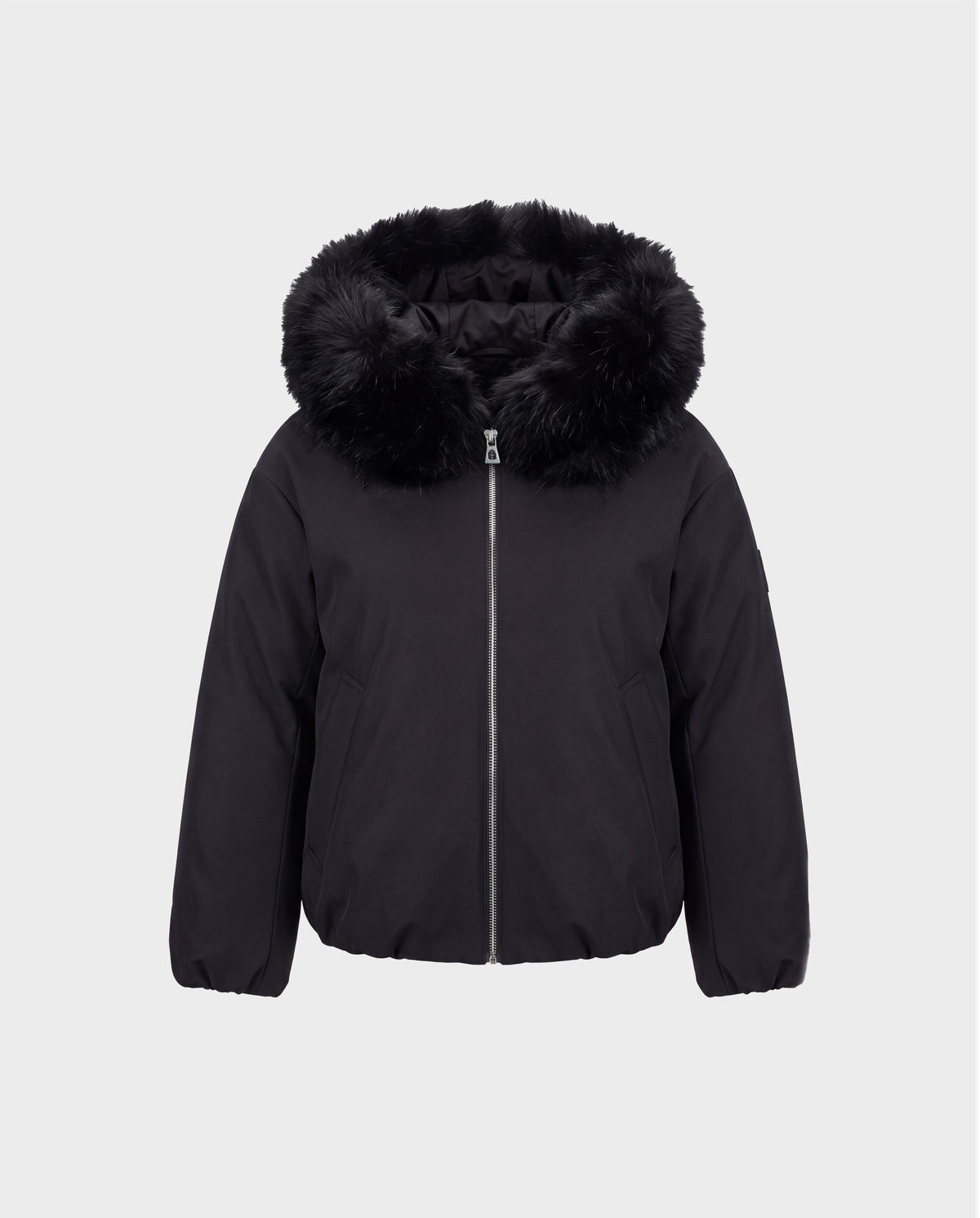 KATHLEEN - 8126764 Black zip-up puffer jacket with a faux fur-trimmed hood.