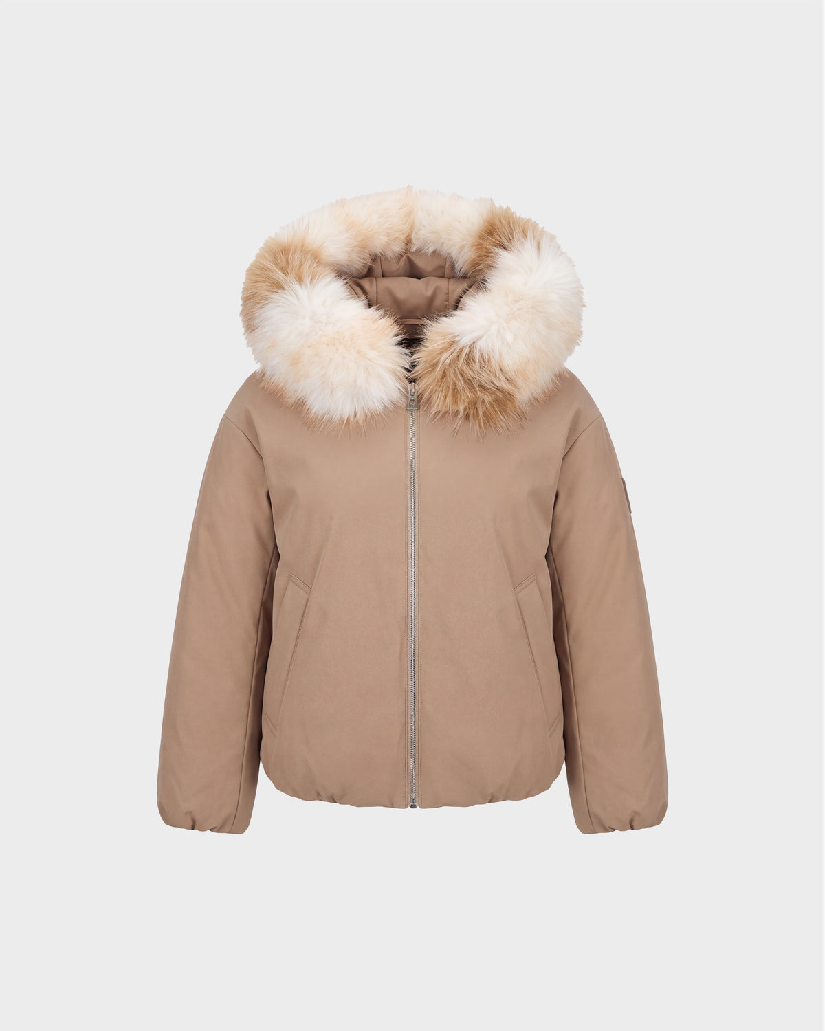 Rudsak KATHLEEN - 8126764 Sand tan hooded winter bomber jacket with a thick, multi-toned faux-fur hood and front zipper closure.
