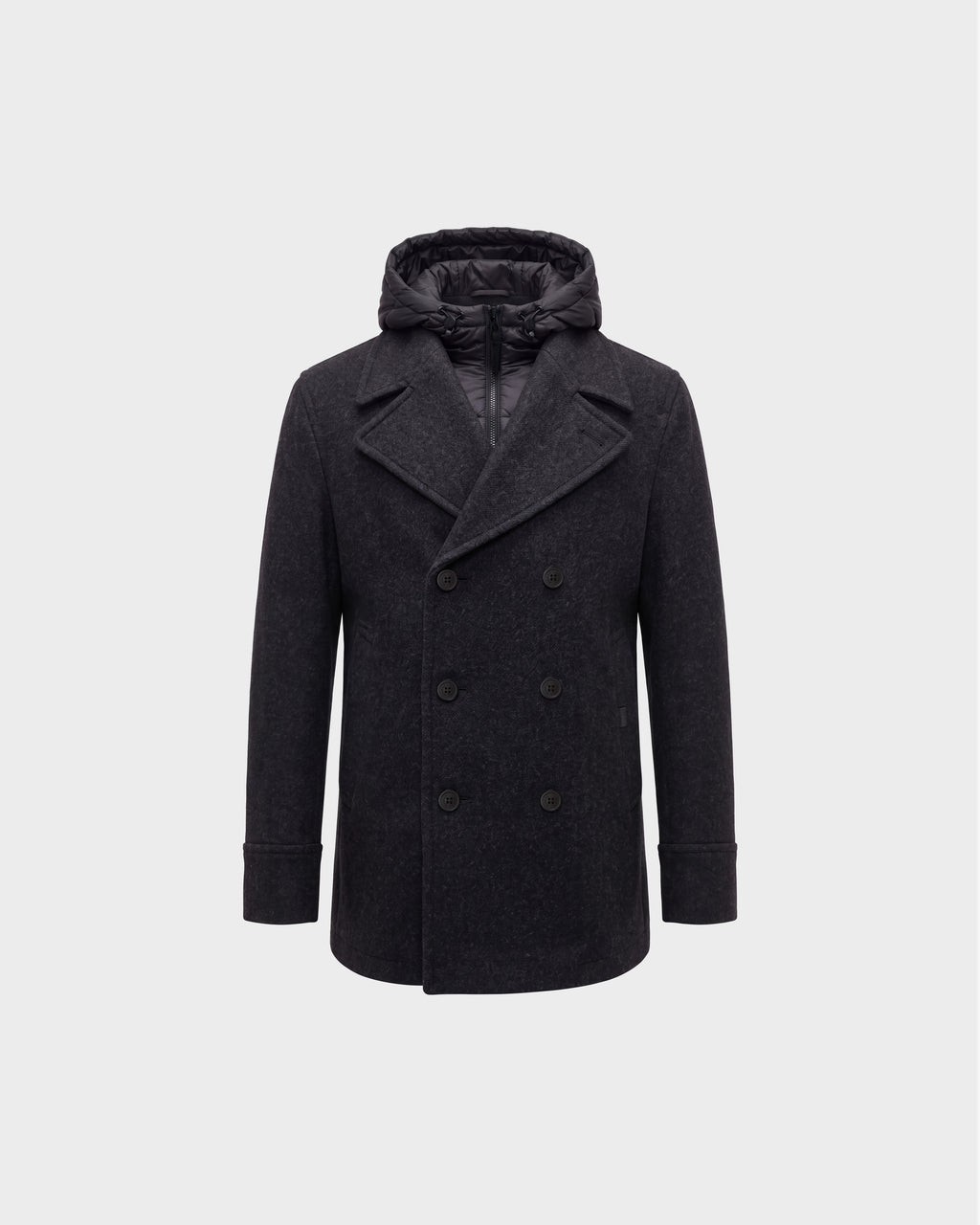 LUCIEN - 6126508 charcoal wool-blend pea coat featuring a double-breasted design, a detachable quilted hood, and an interior zip-up bib for cold-weather performance.