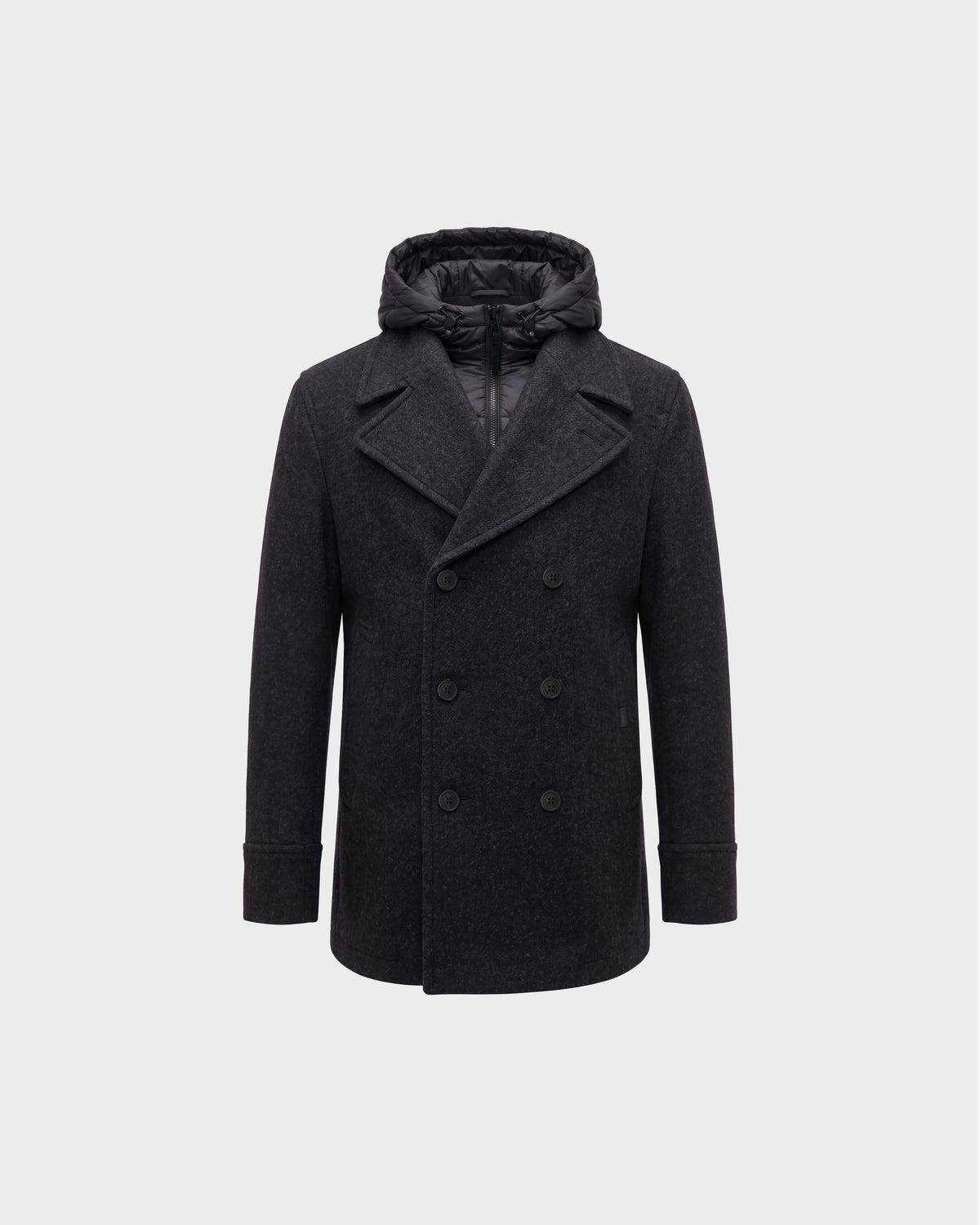 LUCIEN - 6126508 charcoal wool-blend pea coat featuring a double-breasted design, a detachable quilted hood, and an interior zip-up bib for cold-weather performance.
