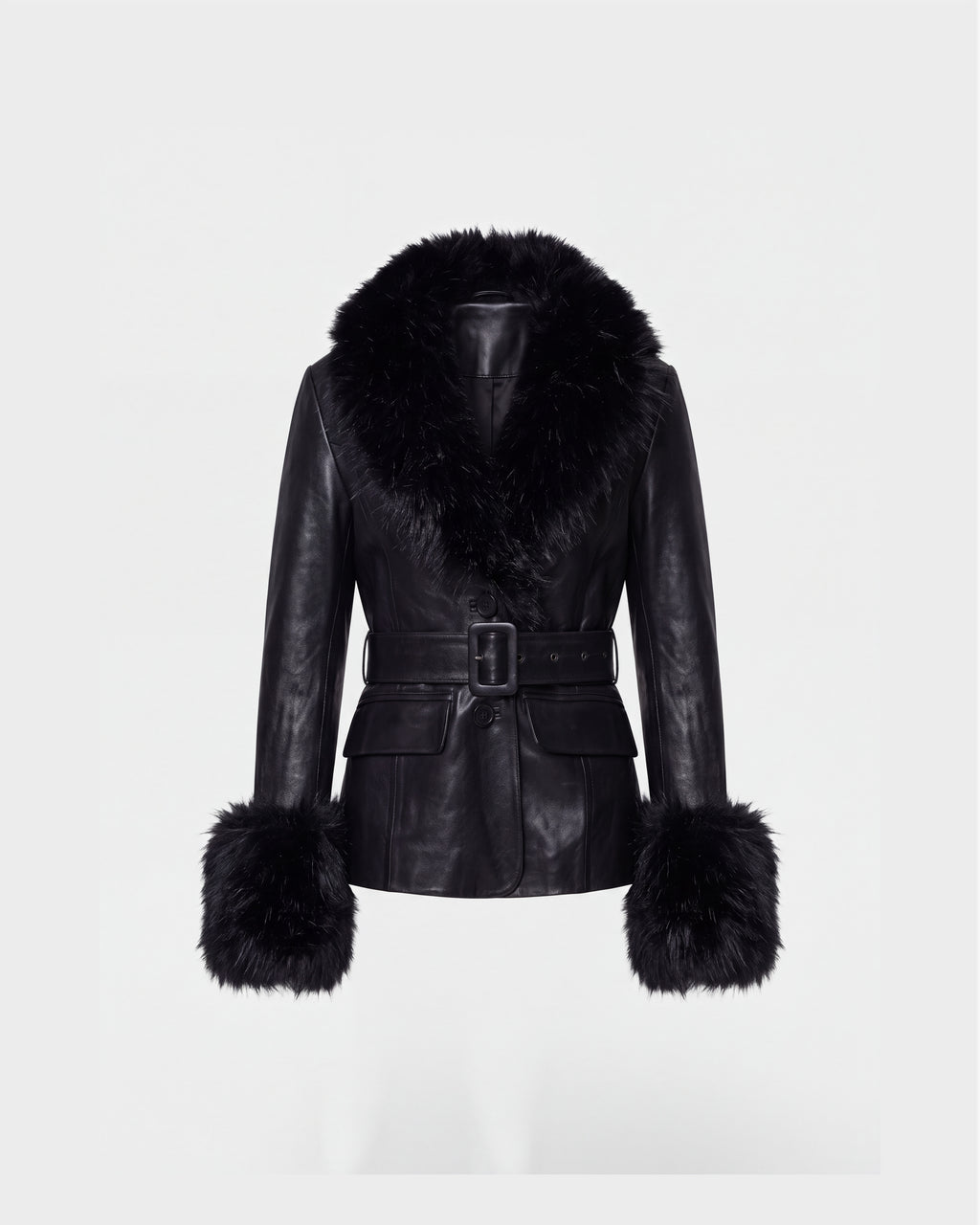 MARILLA - 8126972 Black lamb leather jacket with a large faux-fur trim collar and cuffs, featuring a buckled belt at the waist.