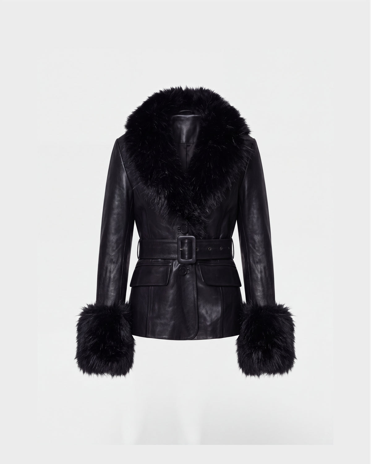 MARILLA - 8126972 Black lamb leather jacket with a large faux-fur trim collar and cuffs, featuring a buckled belt at the waist.