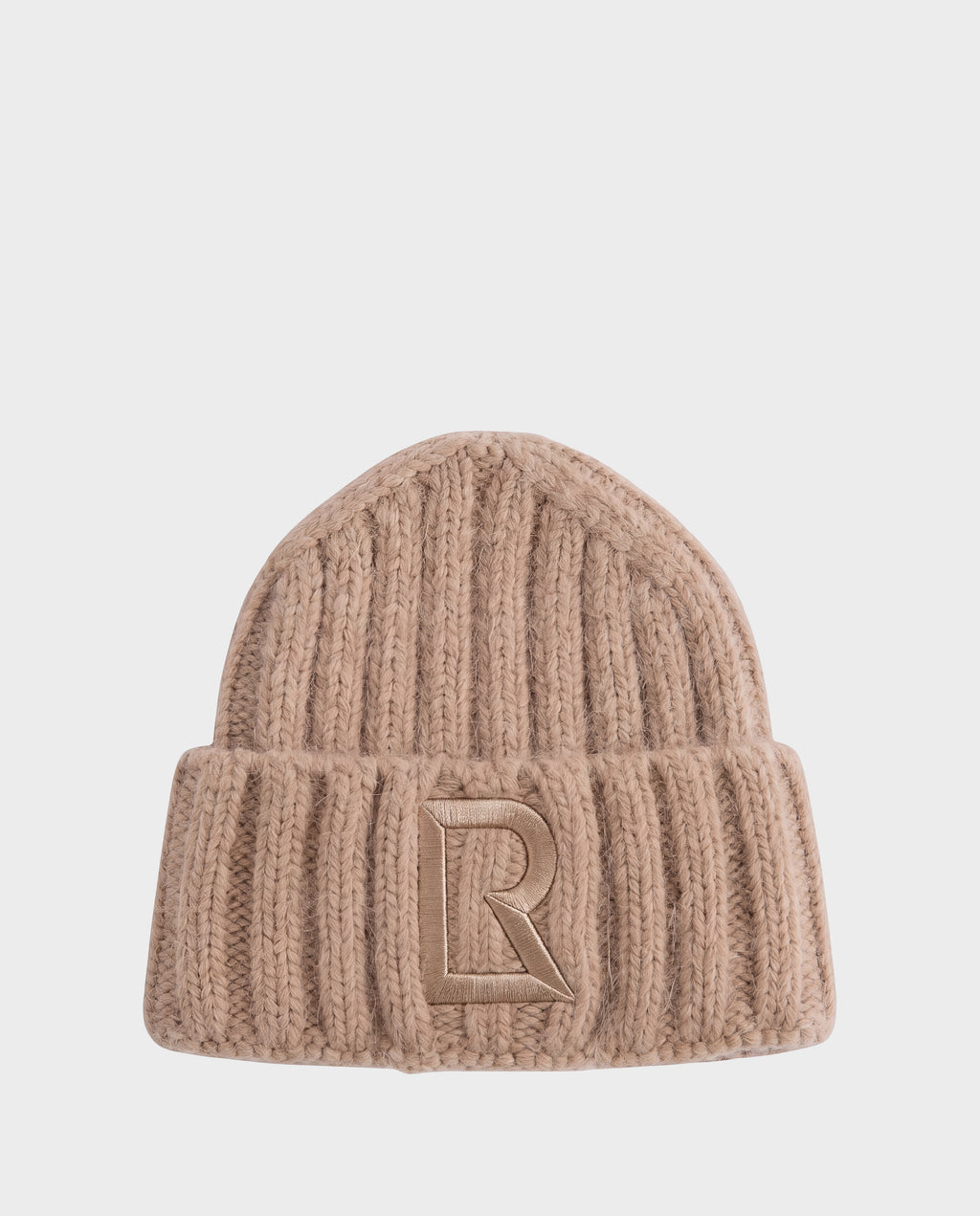 Rudsak MISSA - 8426512 Camel ribbed knit beanie with a folded cuff and a large letter R patch on the front.