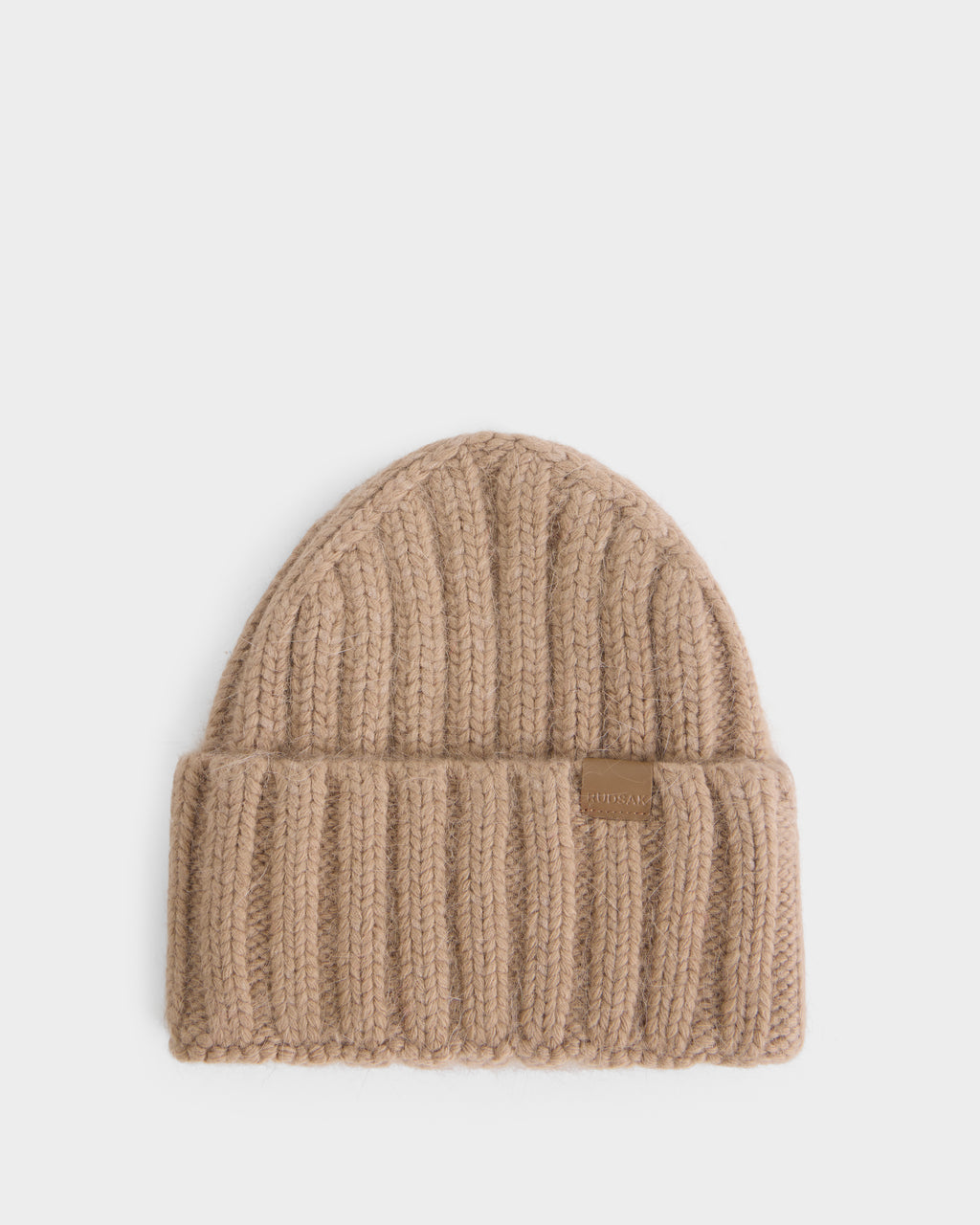Camel-colored Rudsak MISSA - 8426512 Camel ribbed knit beanie with a folded cuff and a small square logo patch.