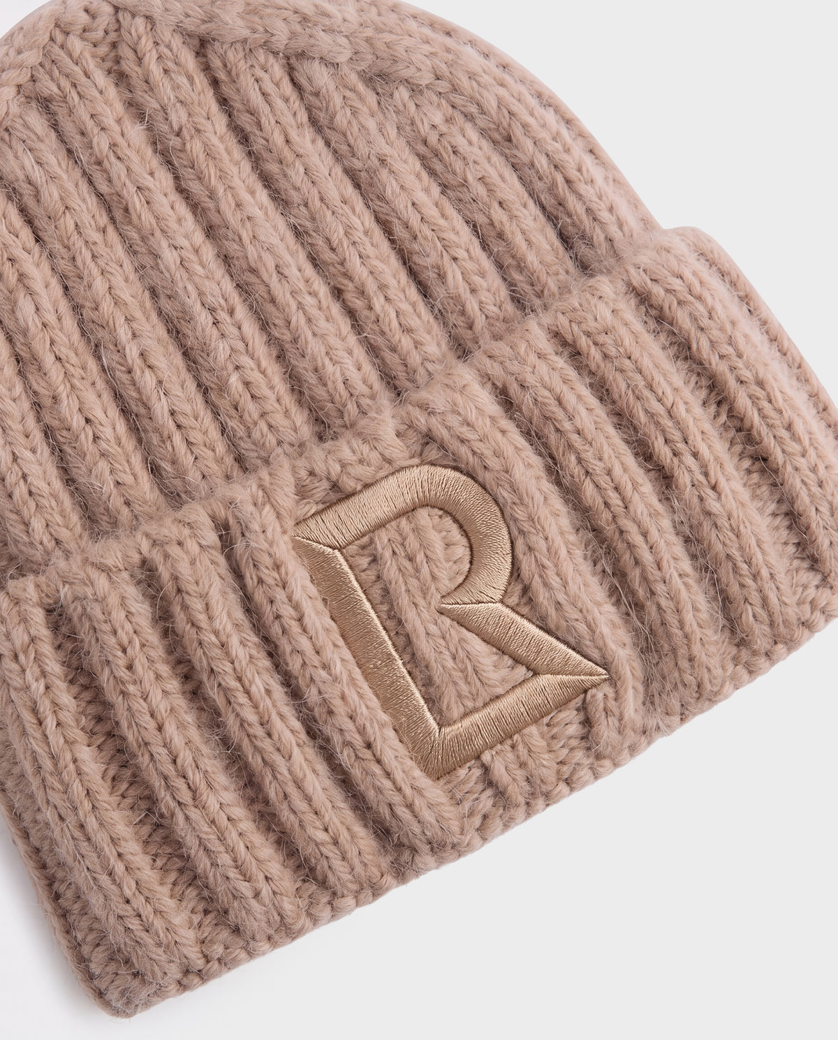 Rudsak MISSA - 8426512 Camel ribbed knit beanie with an embroidered letter R patch on the cuff.