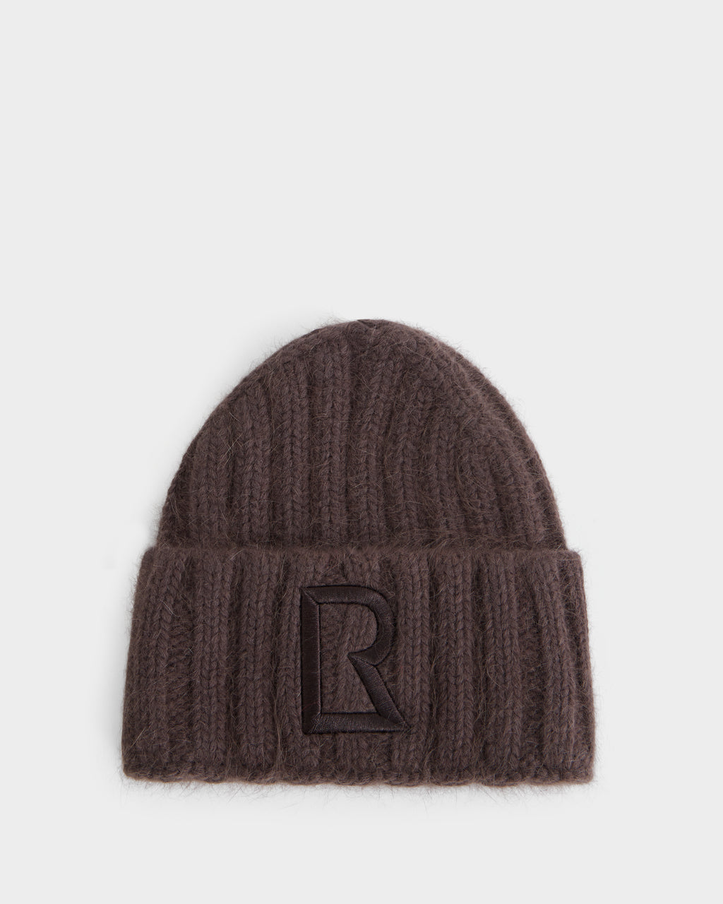 Dark brown Rudsak MISSA - 8426512 Espresso ribbed knit beanie with a folded cuff and an embroidered letter R on the front.