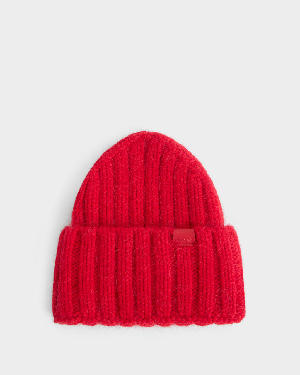 Flame red Rudsak MISSA - 8426512 ribbed knit beanie with a folded cuff and a small logo patch on the front.