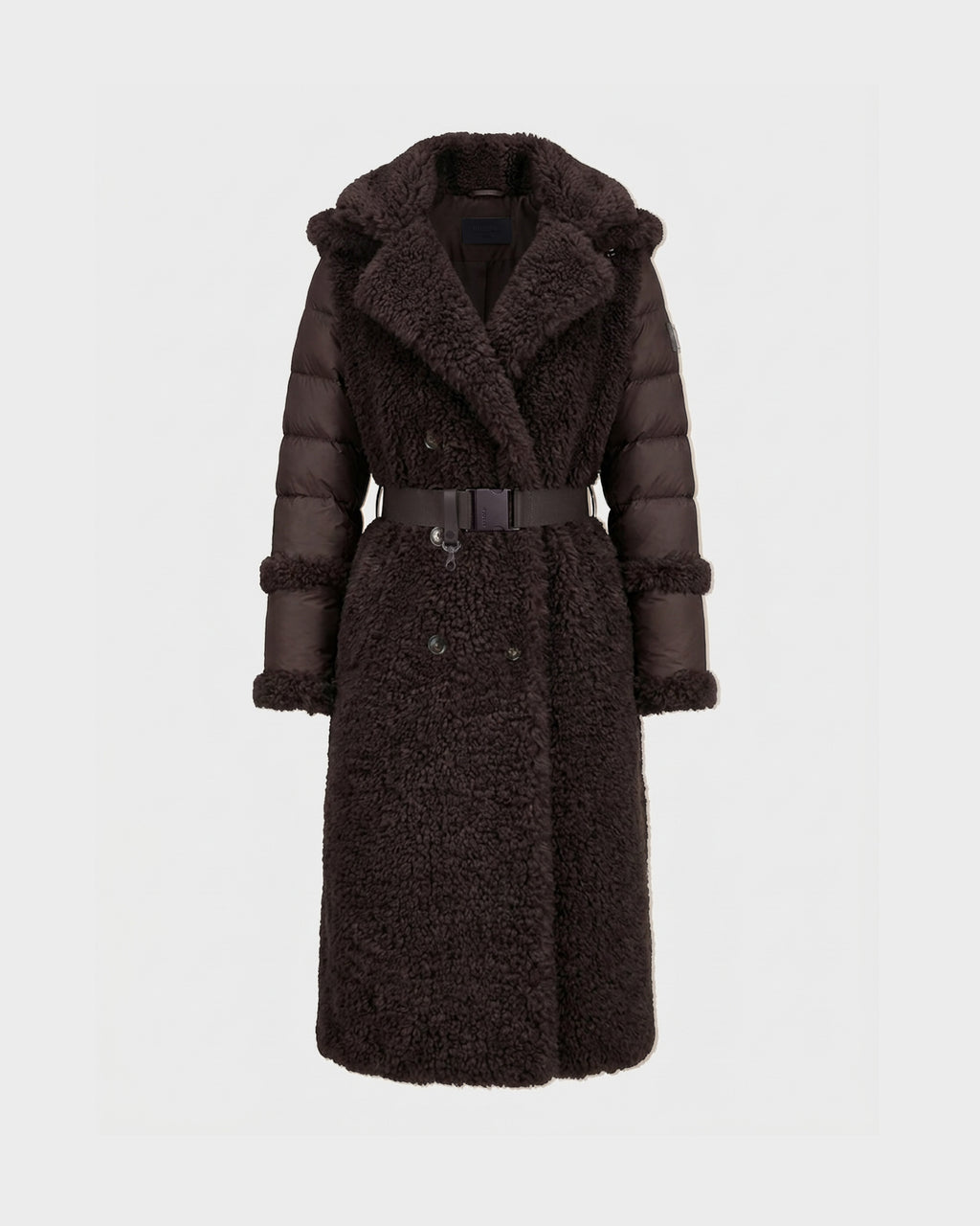 The NOELLE - 8126971 Espresso by Rudsak is a long, dark brown belted shearling coat with quilted sleeves and a large collar, featuring luxurious faux fur accents, displayed against a plain, light background.